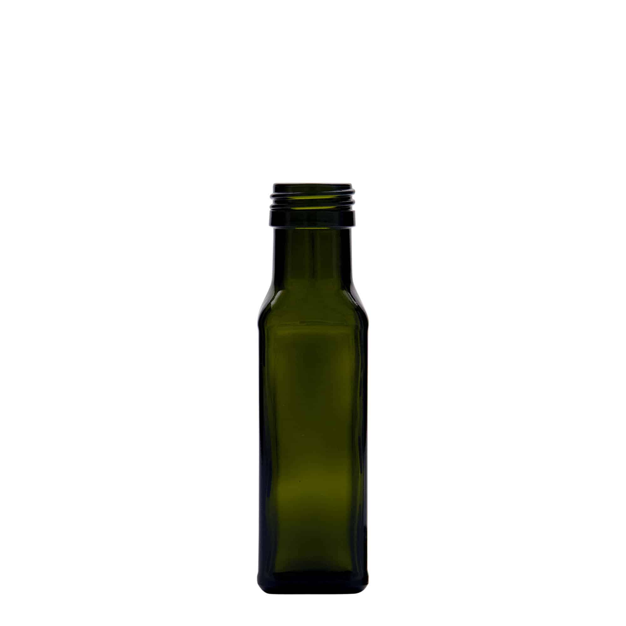 100 ml üvegpalack 'Marasca', négyzet alakú, antikzöld, nyílás: PP 31,5