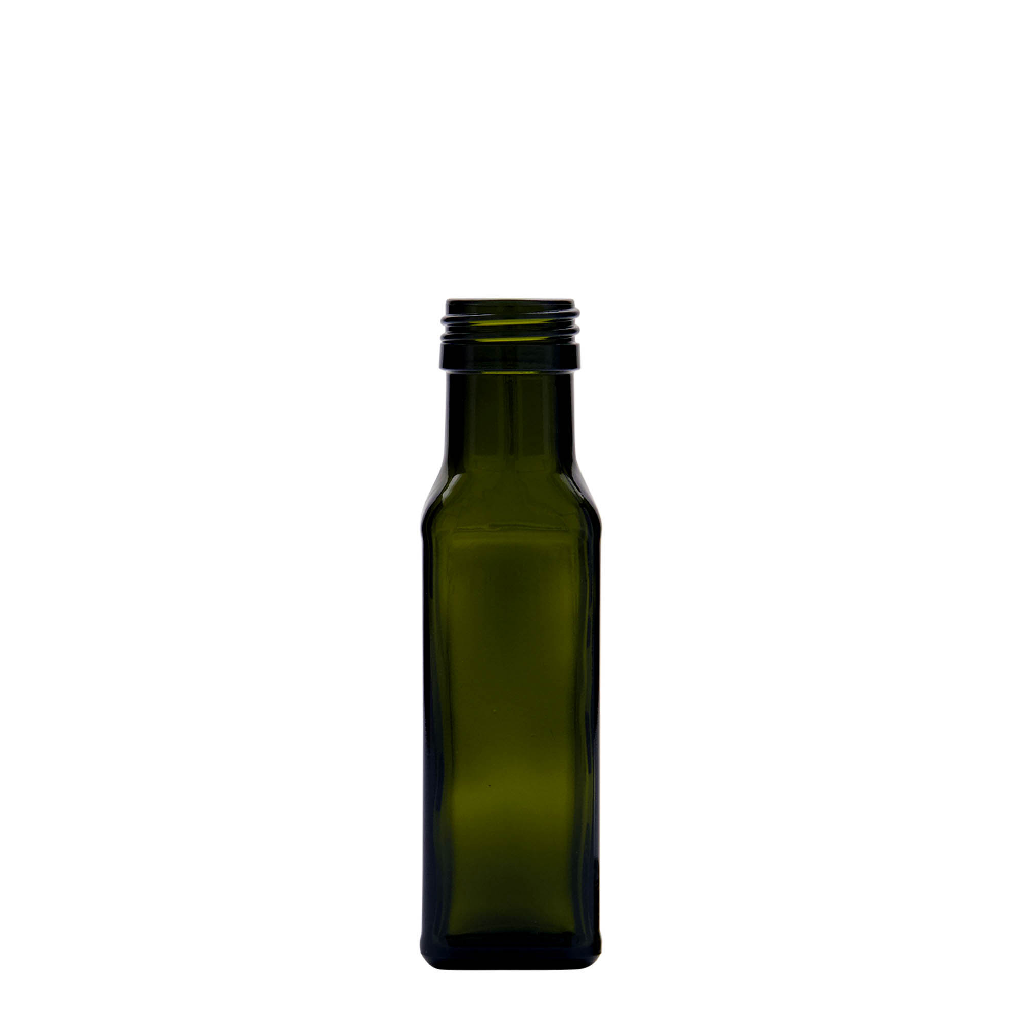 100 ml üvegpalack 'Marasca', négyzet alakú, antikzöld, nyílás: PP 31,5