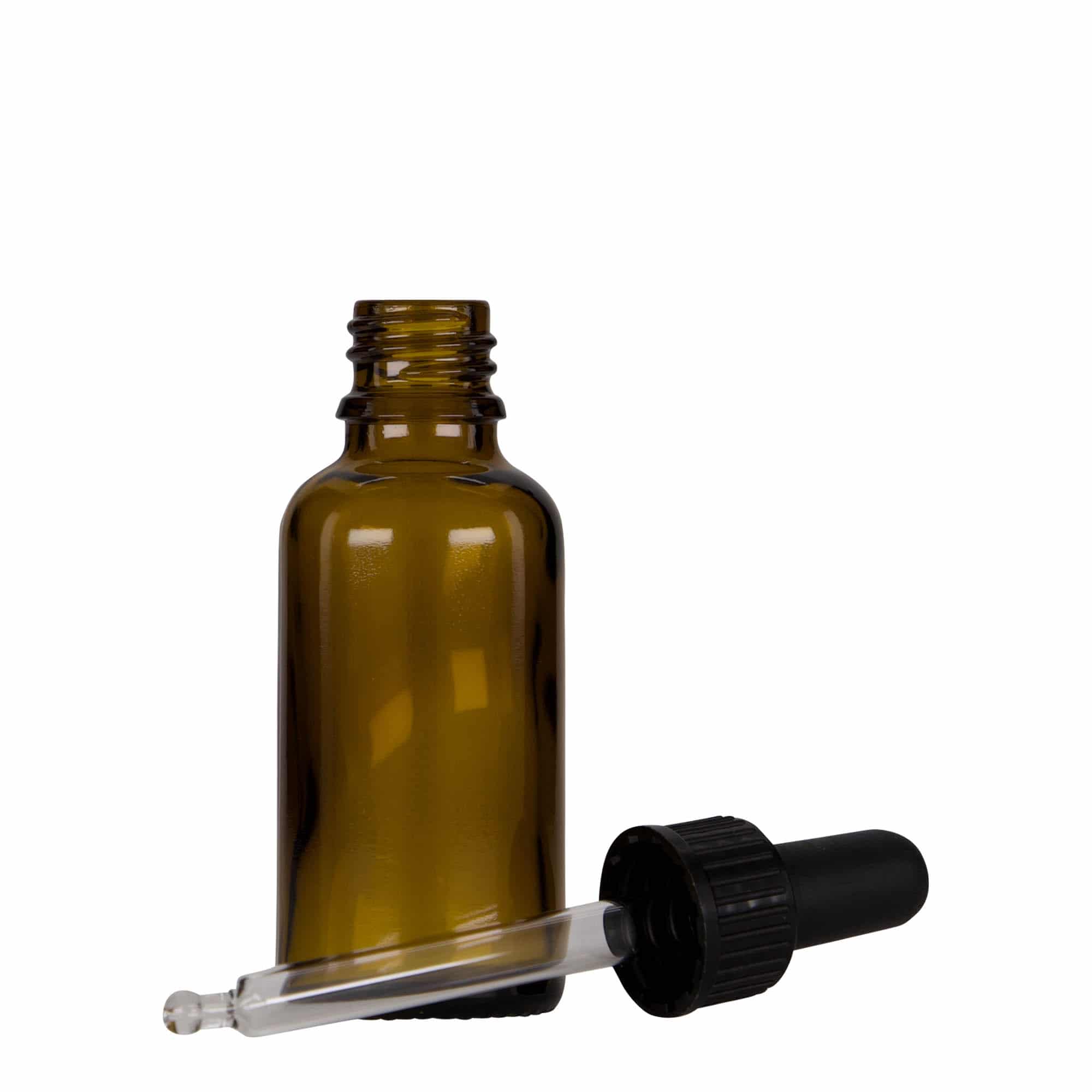 30 ml-es pipettás patikai üveg, üveg, barna-fekete, szájnyílás: DIN 18