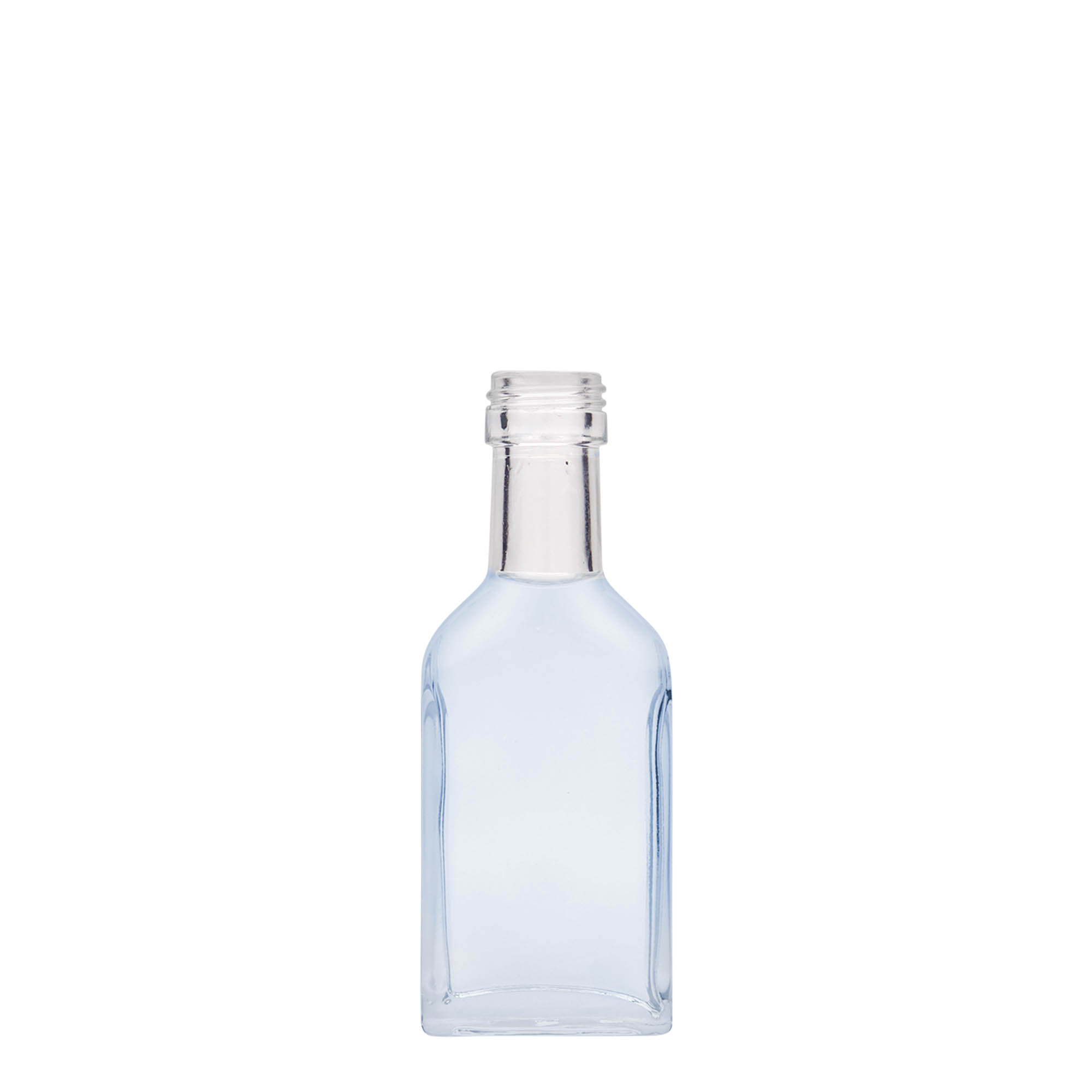 40 ml zsebflakon hosszú nyakkal, téglalap alakú, üveg, nyílás: PP 22