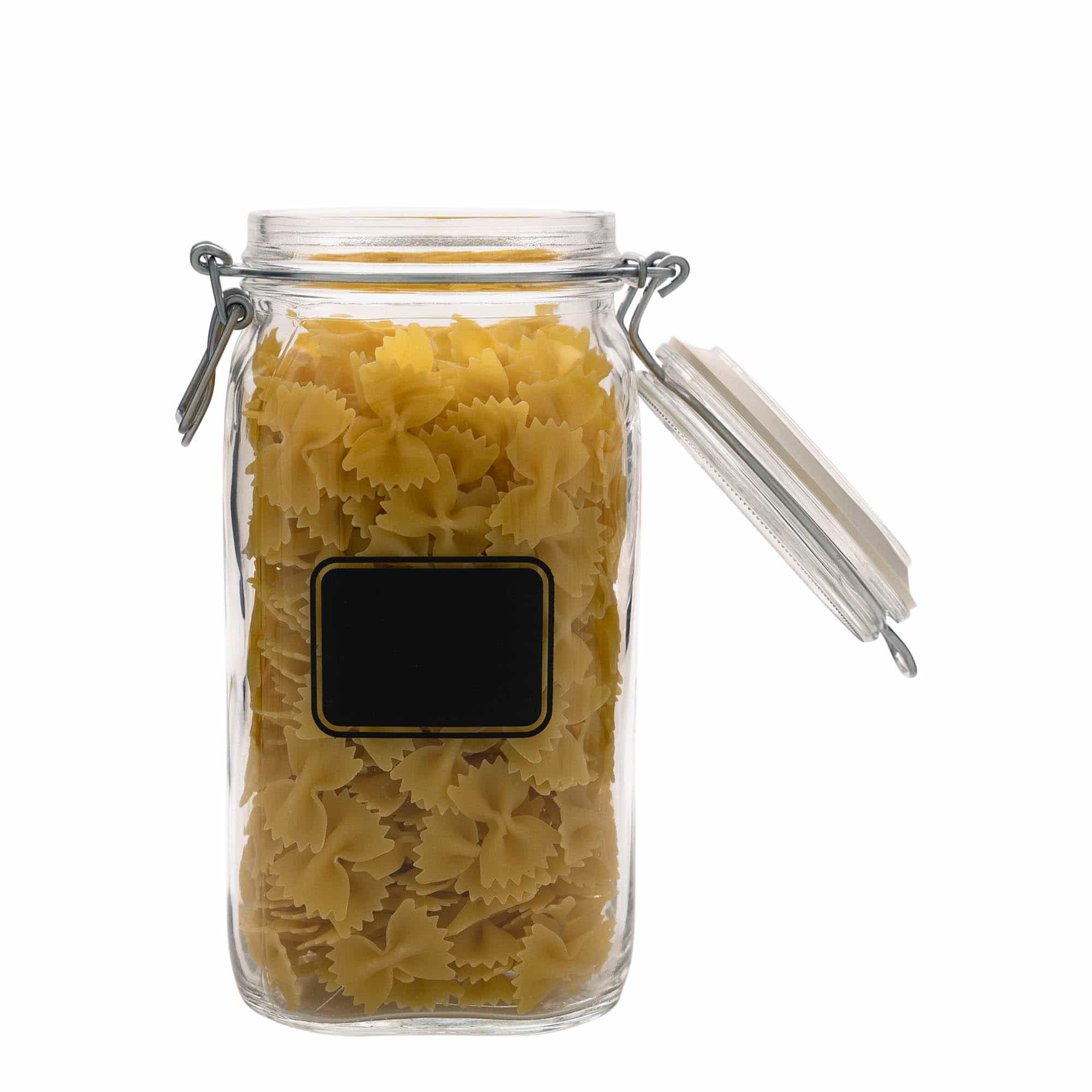 1.500 ml drótfüles üveg 'Fido', motívum: címketábla, négyzet alakú, nyílás: drótfüles zárófedél