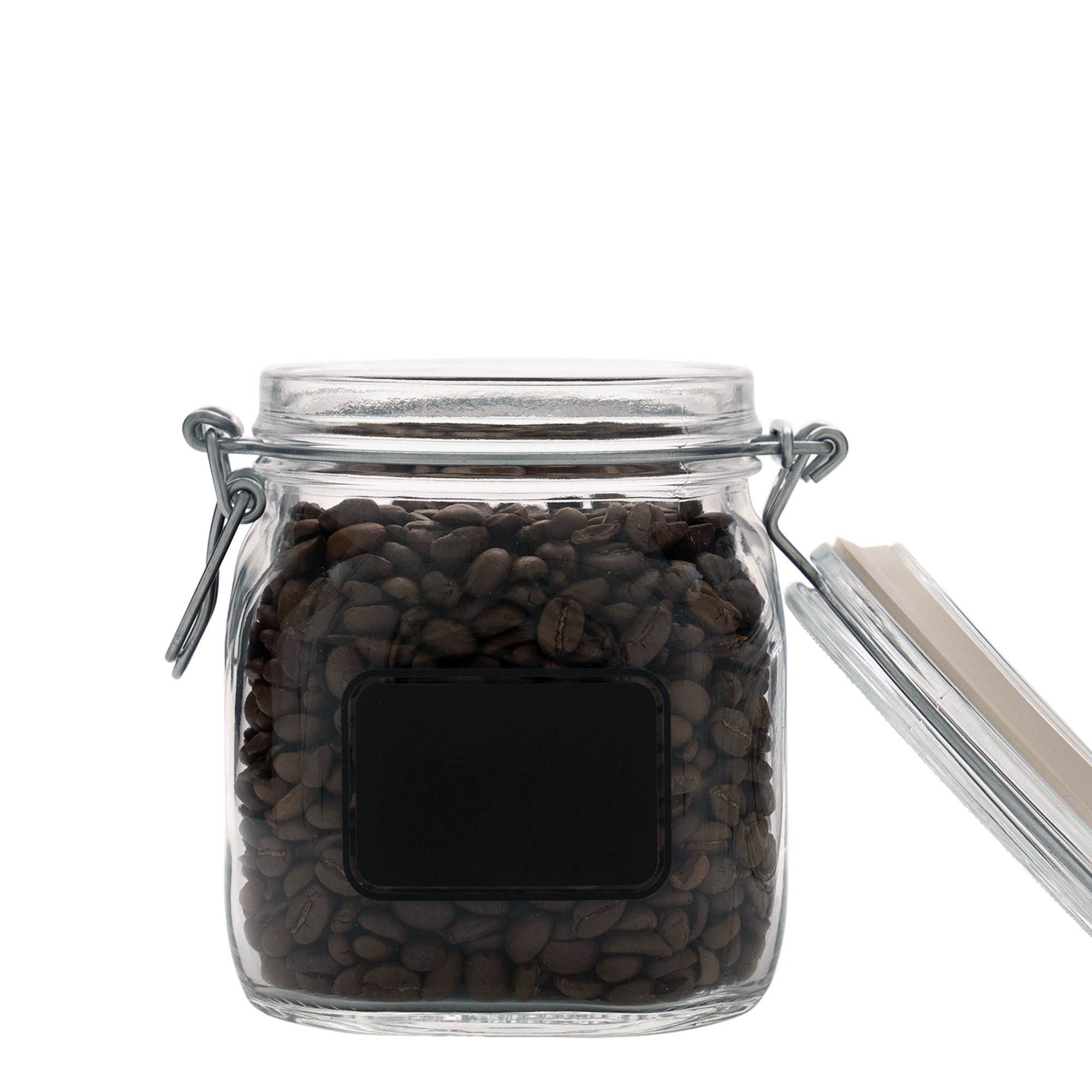 750 ml drótkapcsos üveg 'Fido', motívum: címketábla, négyzet alakú, nyílás: drótkapcsos zár