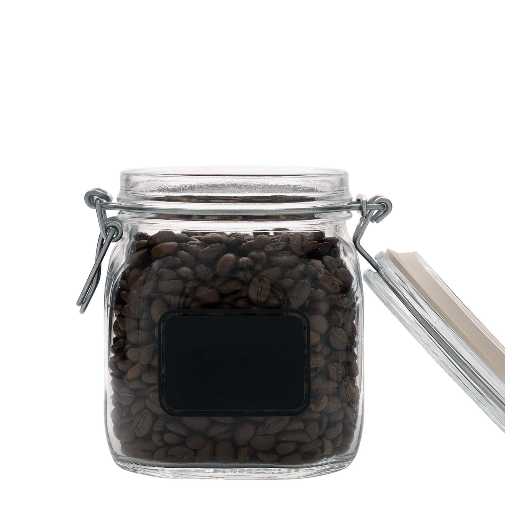 750 ml drótkapcsos üveg 'Fido', motívum: címketábla, négyzet alakú, nyílás: drótkapcsos zár
