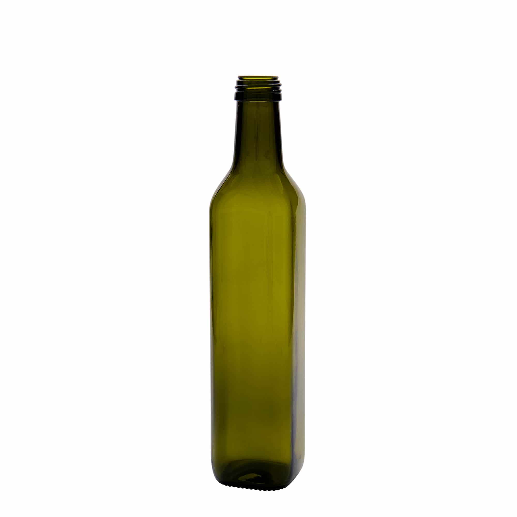 500 ml üvegpalack 'Marasca', négyzet alakú, antikzöld, nyílás: PP 31,5