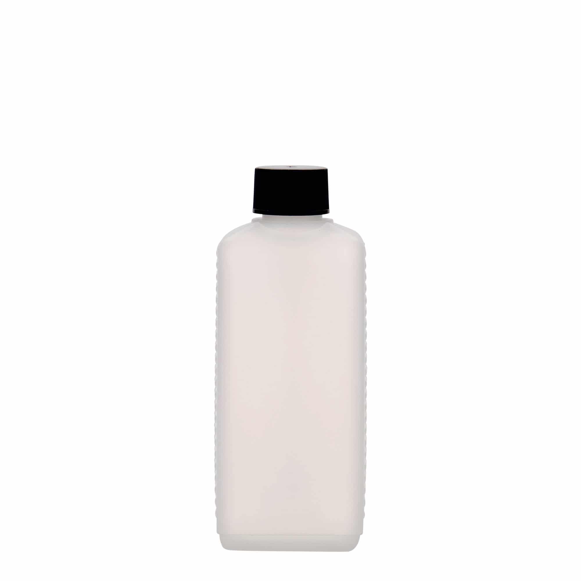 250 ml-es kaniszterpalack, négyszögletű, HDPE-műanyag, natúr, szájnyílás: DIN 25 EPE