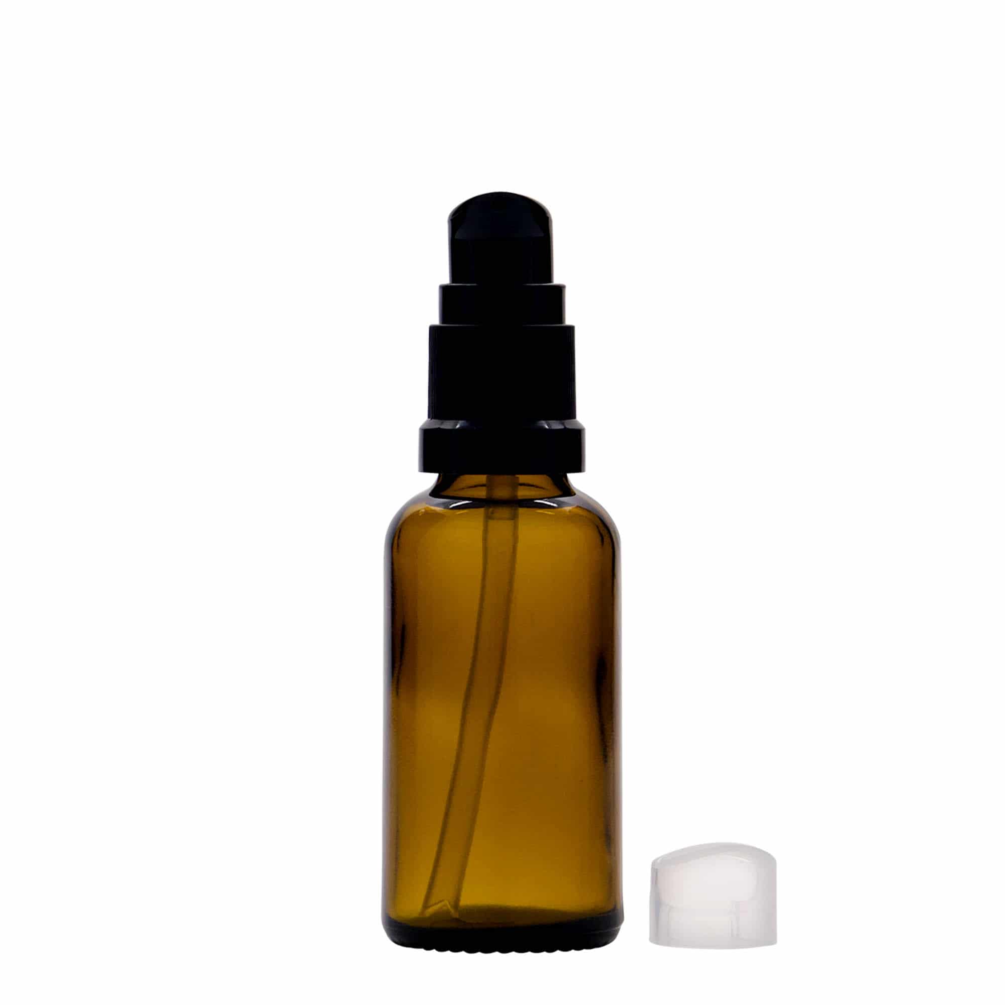 30 ml-es patikai üveg krémpumpával, üveg, barna, szájnyílás: DIN 18