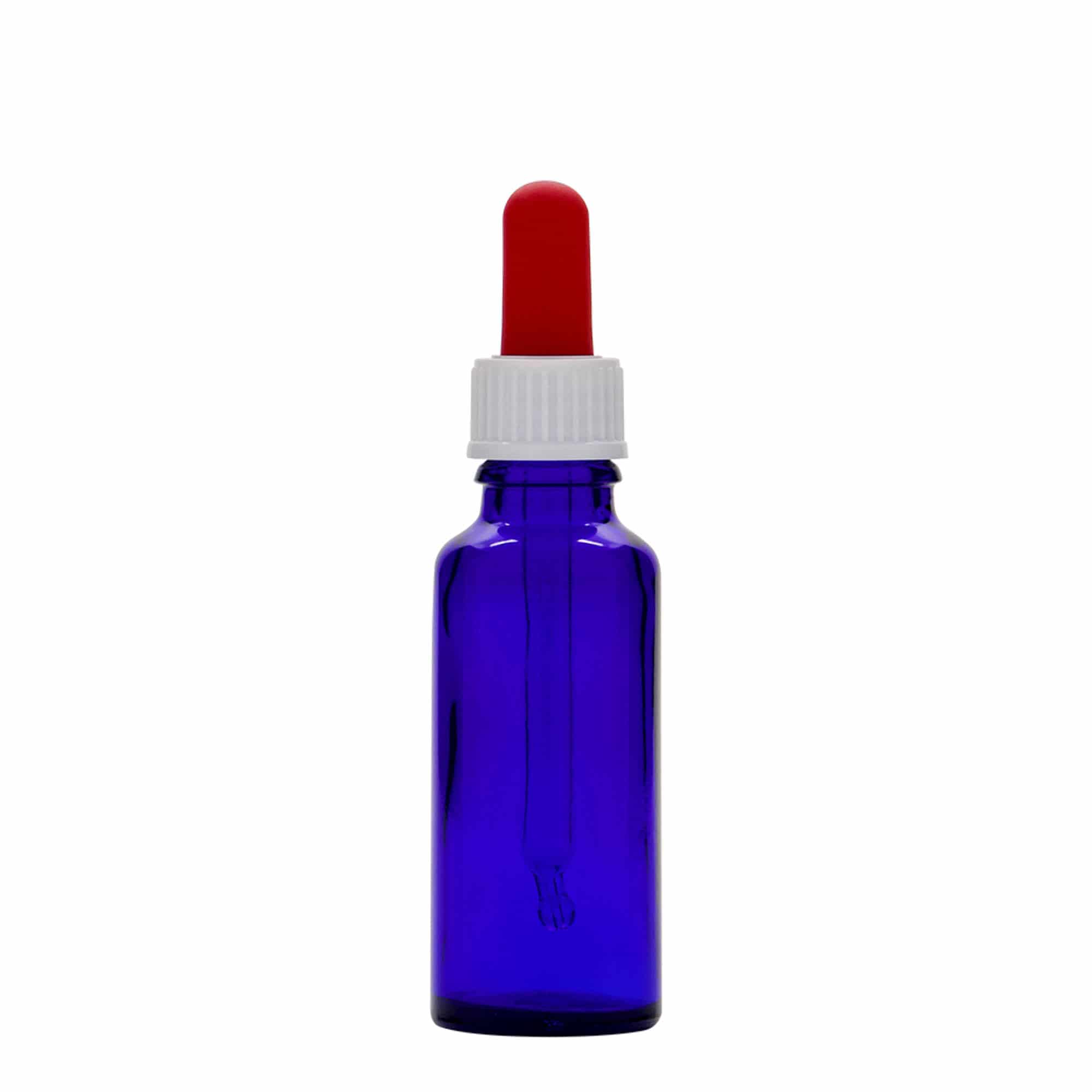30 ml-es pipettás patikai üveg, üveg, királykék-piros, szájnyílás: DIN 18 30 ml-es pipettás patikai üveg, üveg, királykék-piros, szájnyílás: DIN 18