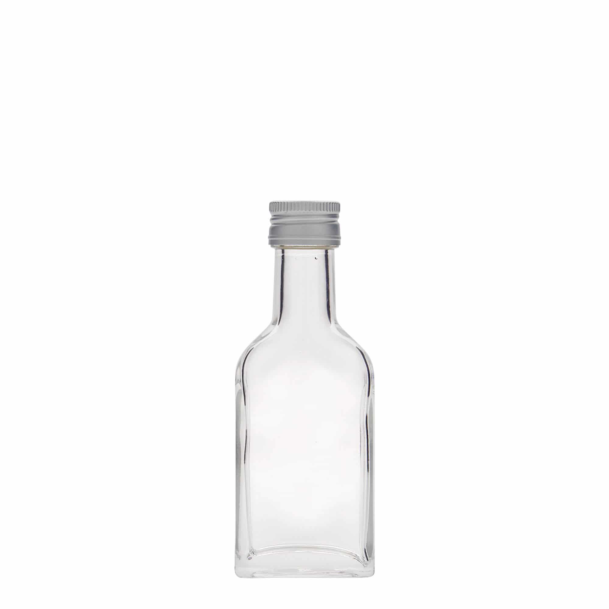 40 ml zsebflakon hosszú nyakkal, téglalap alakú, üveg, nyílás: PP 22