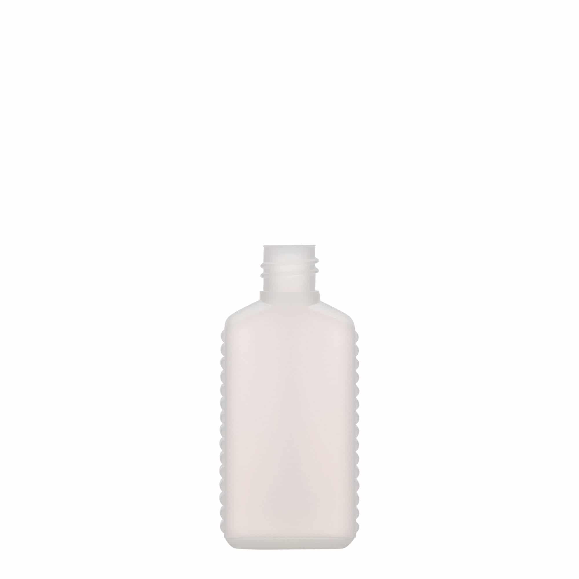 50 ml kannaüveg keskeny nyakkal, téglalap alakú, HDPE műanyag, természetes, nyílás: DIN 18