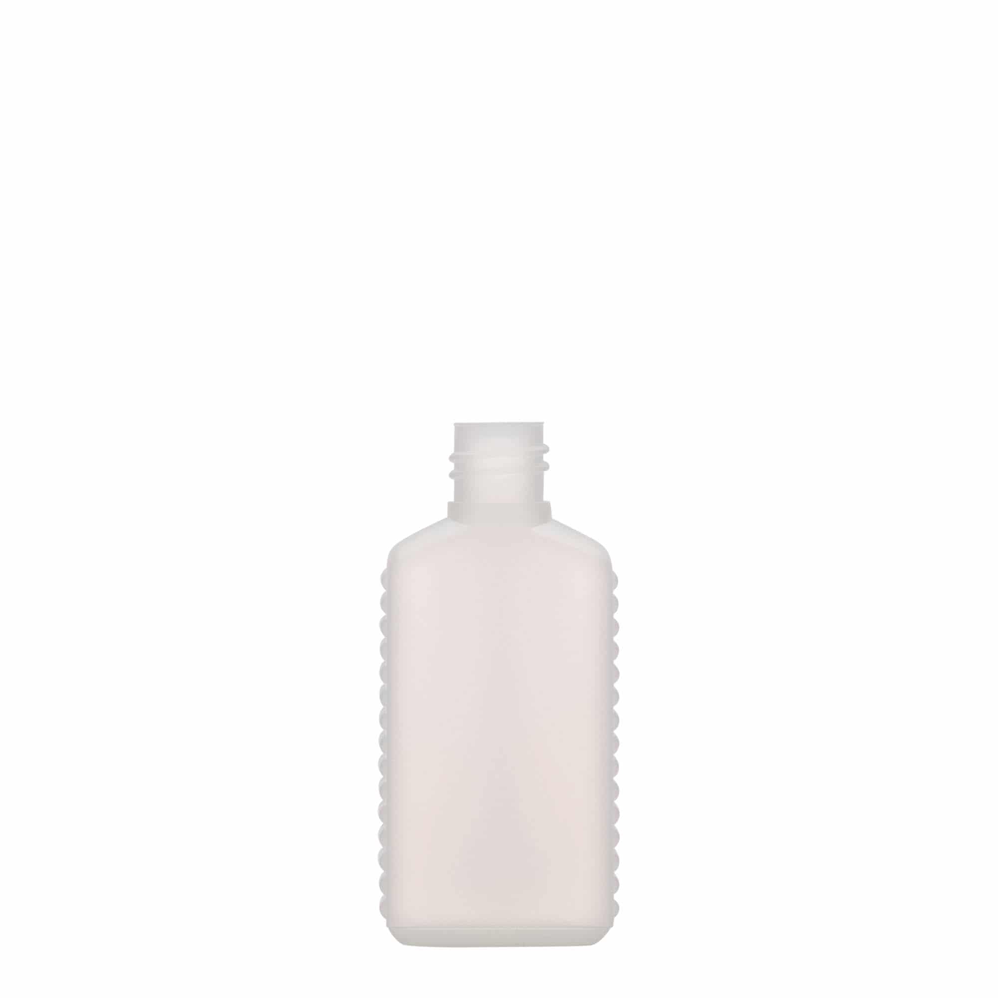 50 ml kannaüveg keskeny nyakkal, téglalap alakú, HDPE műanyag, természetes, nyílás: DIN 18