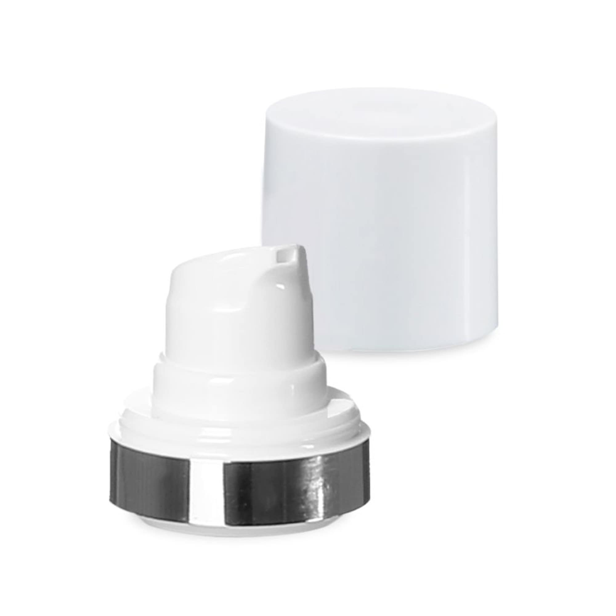 Airless fej Micro ezüst szegéllyel + fehér, fényes kupak Airless fej Micro ezüst szegéllyel + fehér, fényes kupak