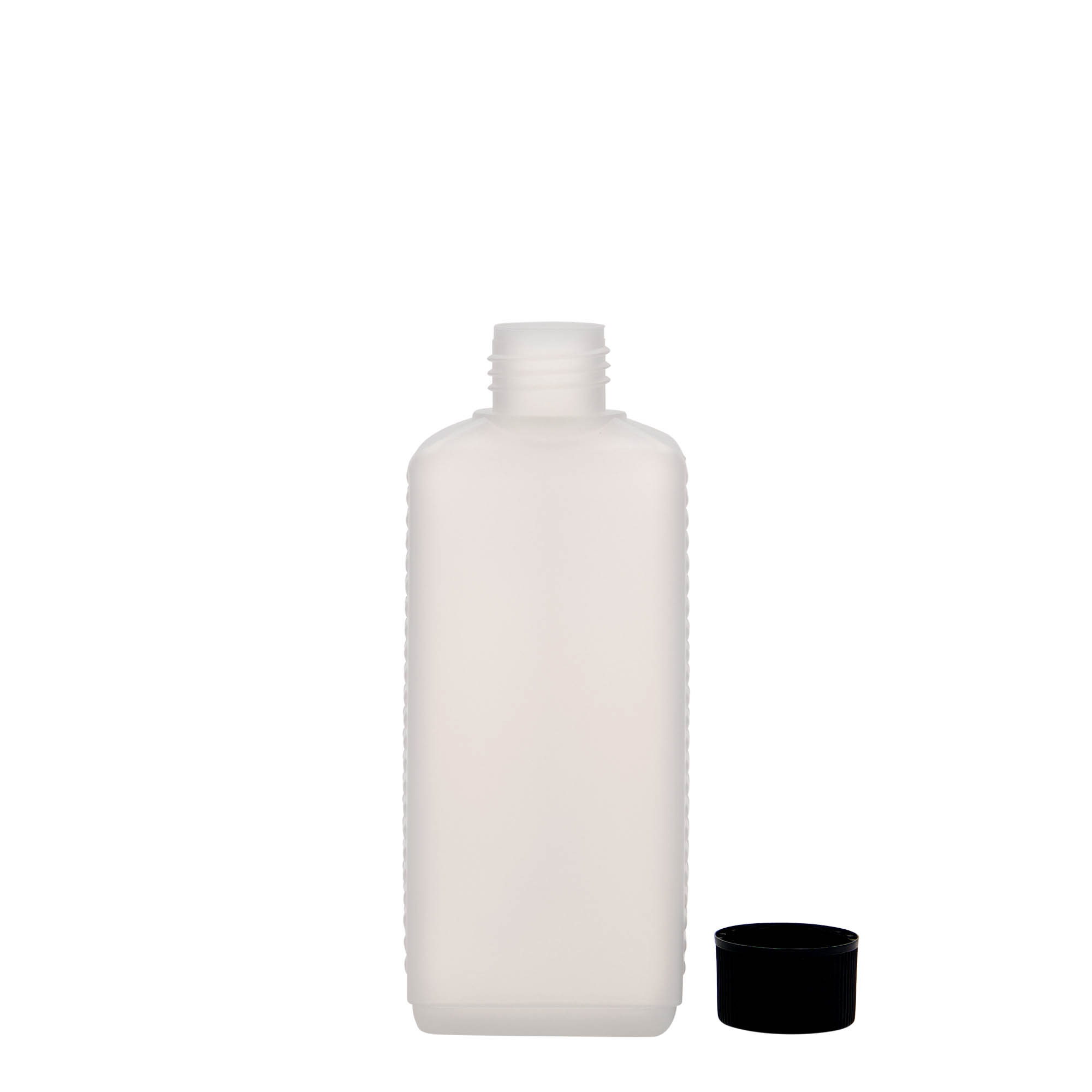 250 ml kanna palack, téglalap alakú, HDPE műanyag, természetes színű, nyílás: DIN 25 EPE