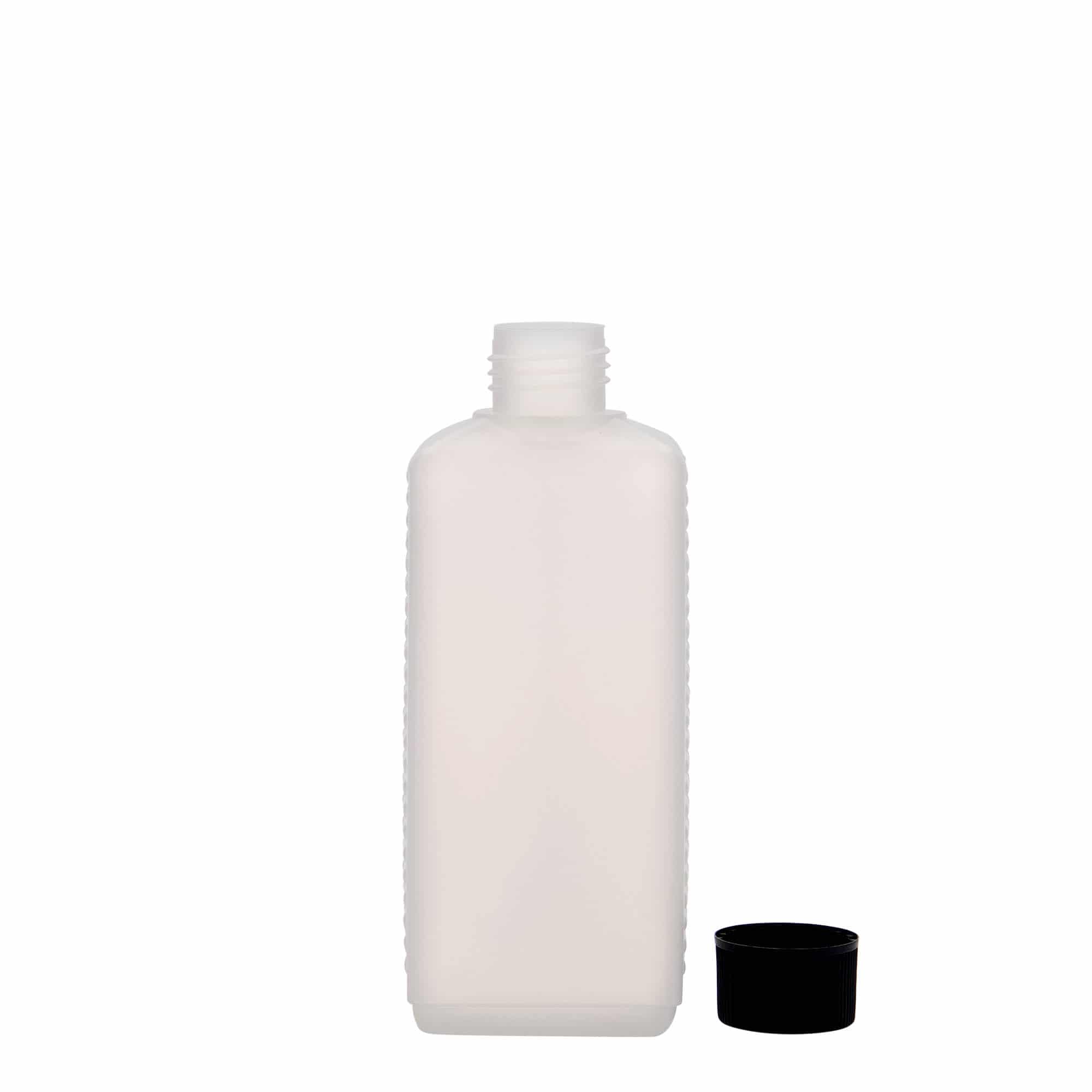250 ml kanna palack, téglalap alakú, HDPE műanyag, természetes színű, nyílás: DIN 25 EPE
