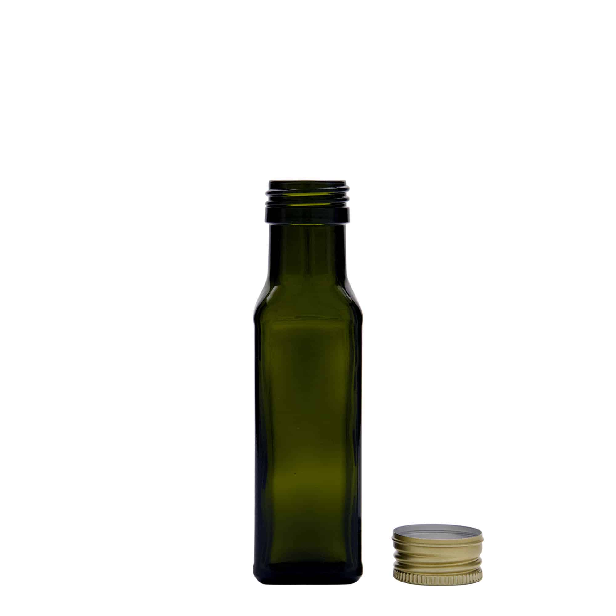 100 ml üvegpalack 'Marasca', négyzet alakú, antikzöld, nyílás: PP 31,5