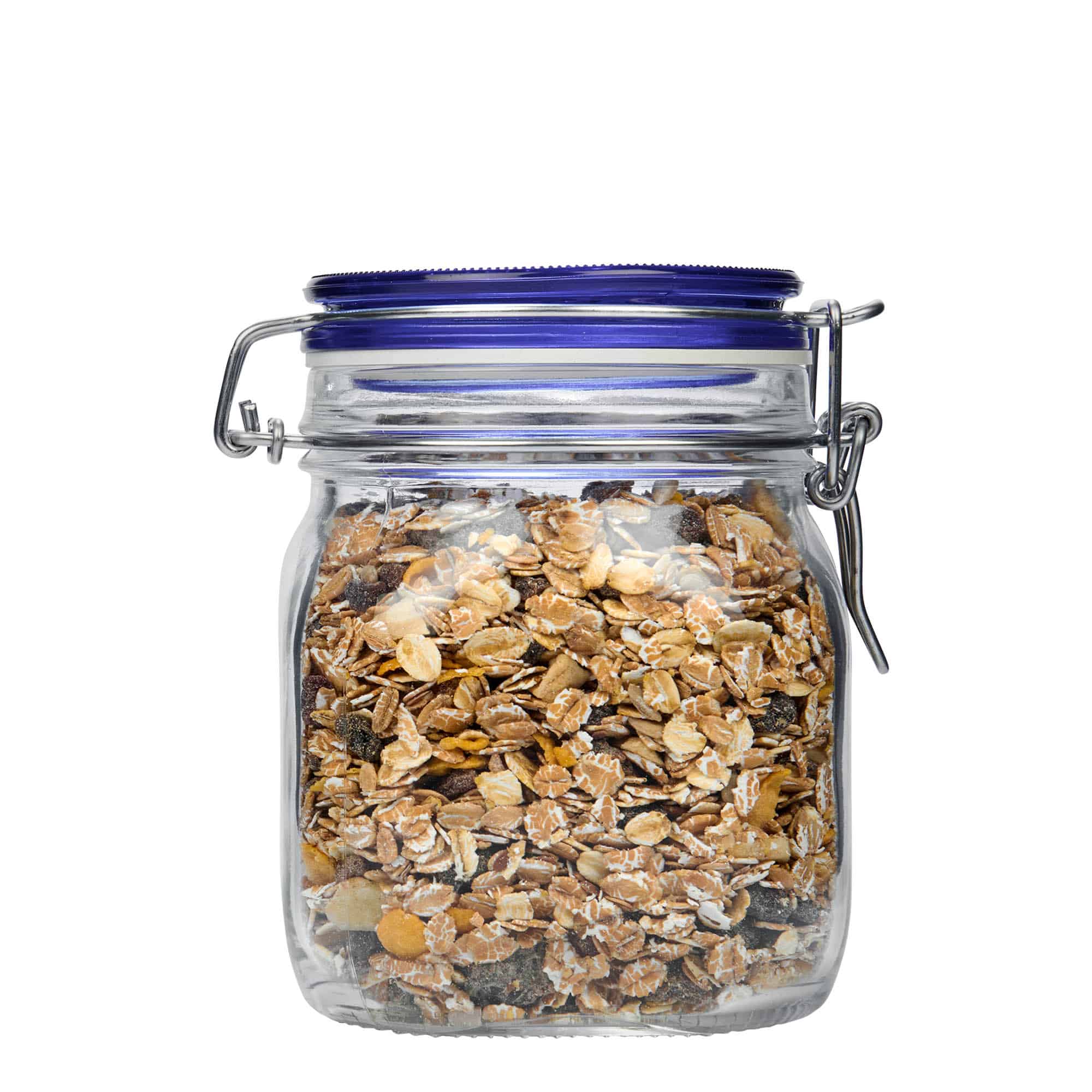 750 ml drótkapcsos üveg 'Fido' kék tetővel, négyzet alakú, nyílás: drótkapcsos zárófedél