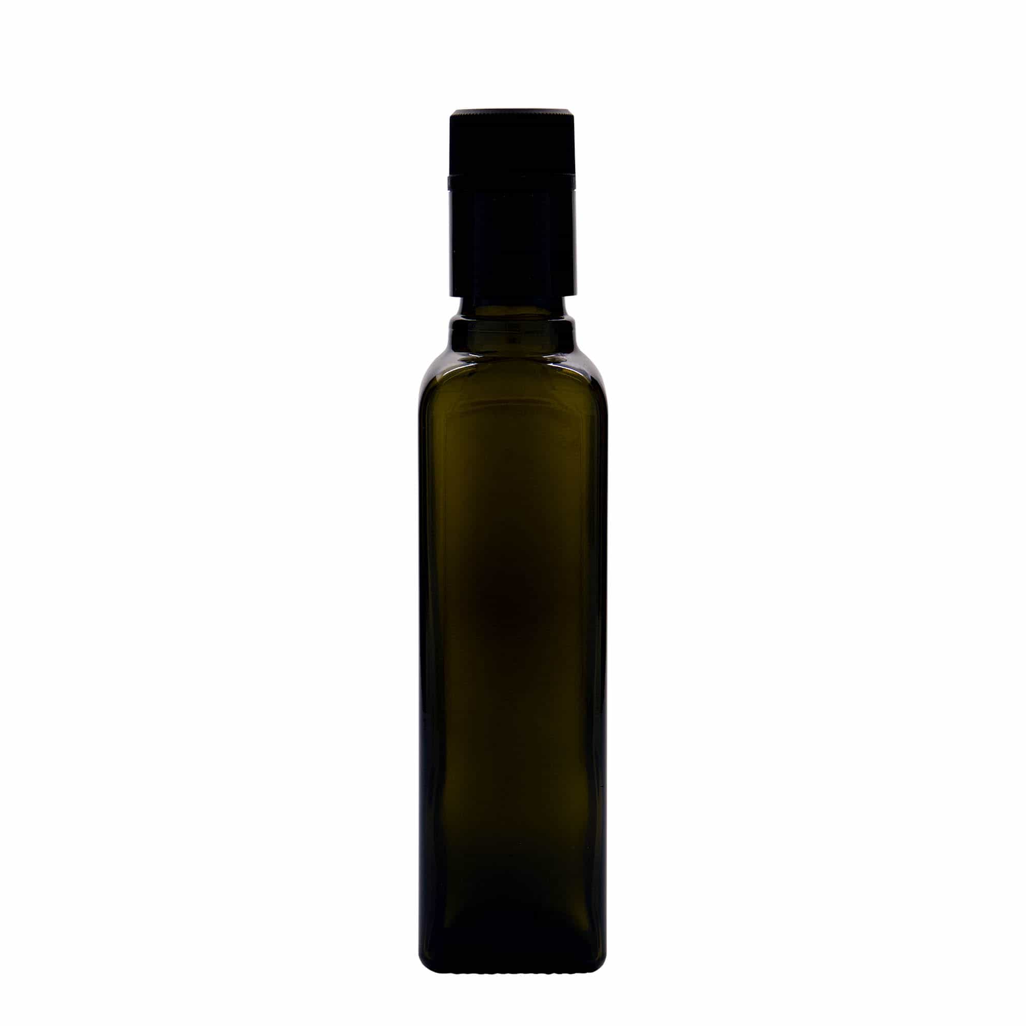 250 ml-es ecetes/olajos palack 'Quadra', üveg, négyzet alakú, antikzöld, szájnyílás: DOP