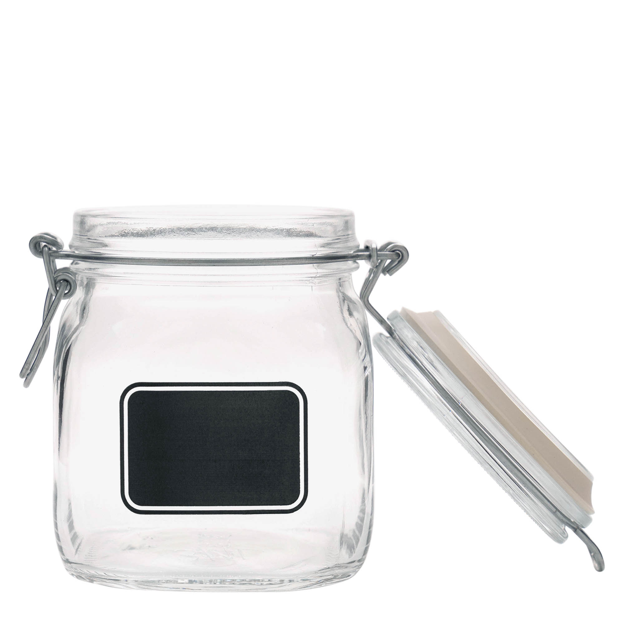 750 ml-es fémcsatos üveg 'Fido', motívum: Címkemező, négyzet alakú, szájnyílás: fémcsatos zár