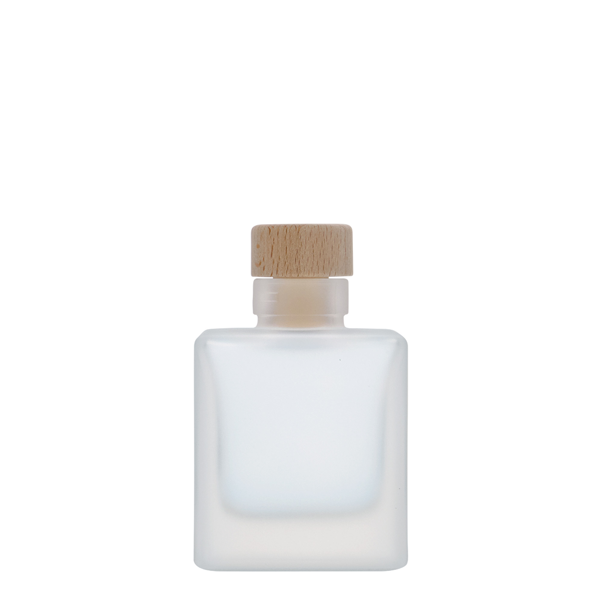 100 ml-es üvegpalack 'Cube', négyzet alakú, opál, szájnyílás: parafadugó