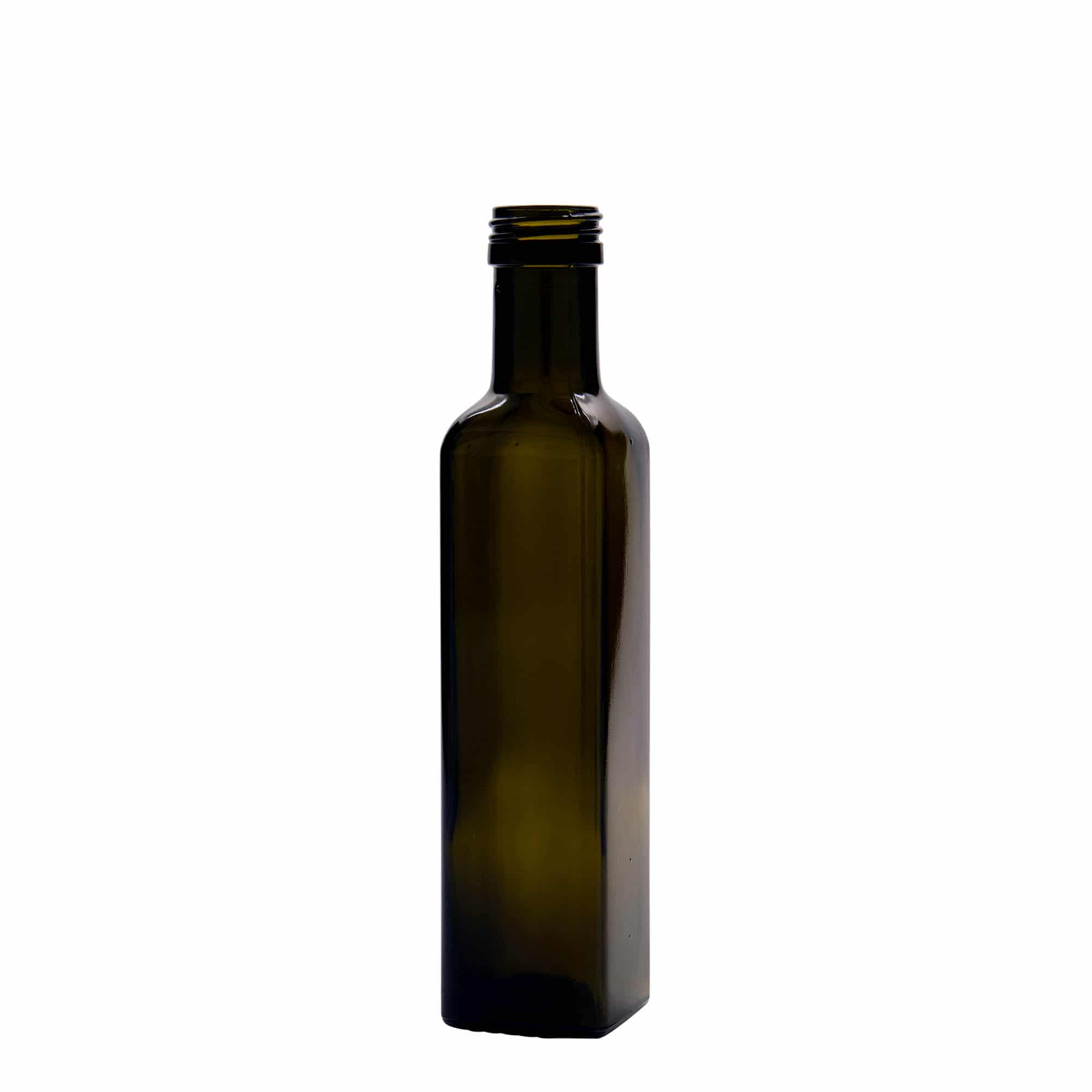 250 ml-es üvegpalack 'Marasca', négyzet alakú, antikzöld, szájnyílás: PP 31,5