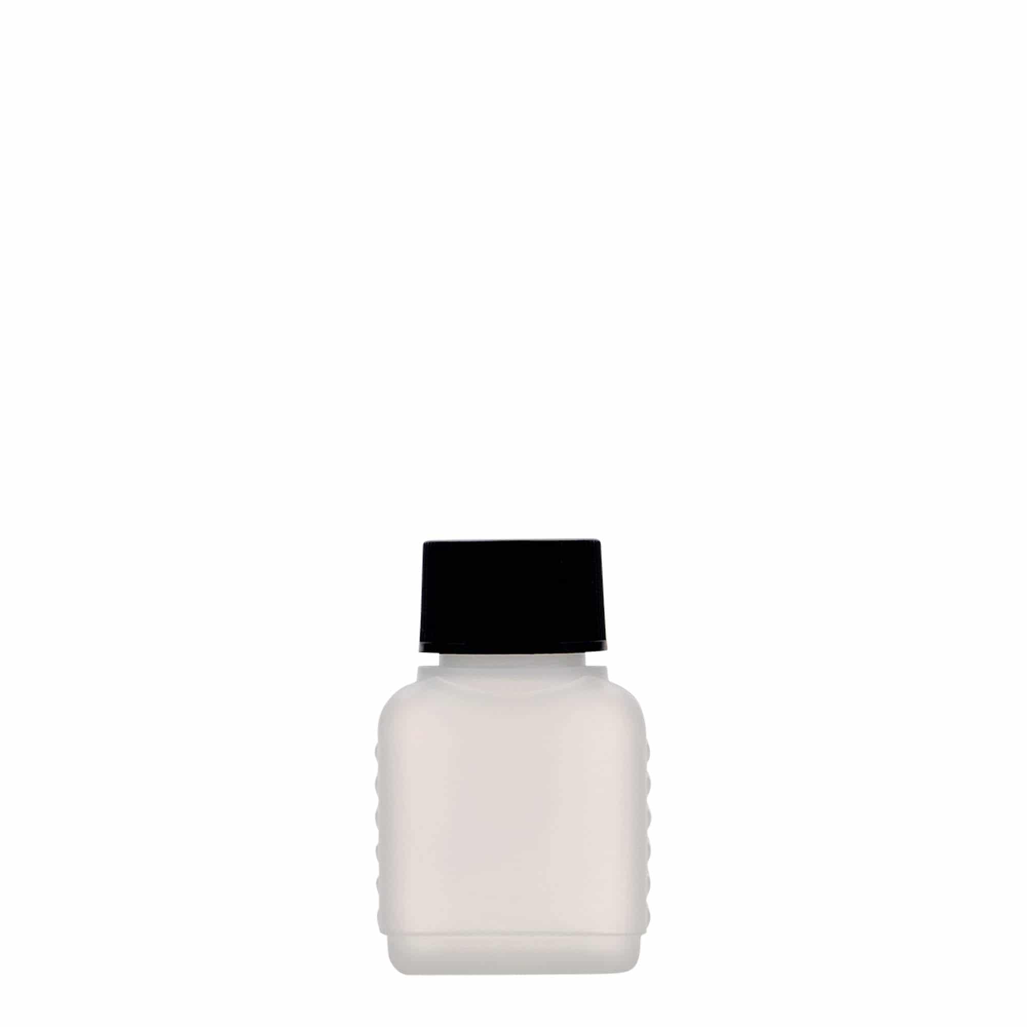 50 ml-es kaniszterpalack, négyszögletű, HDPE-műanyag, natúr, szájnyílás: DIN 25