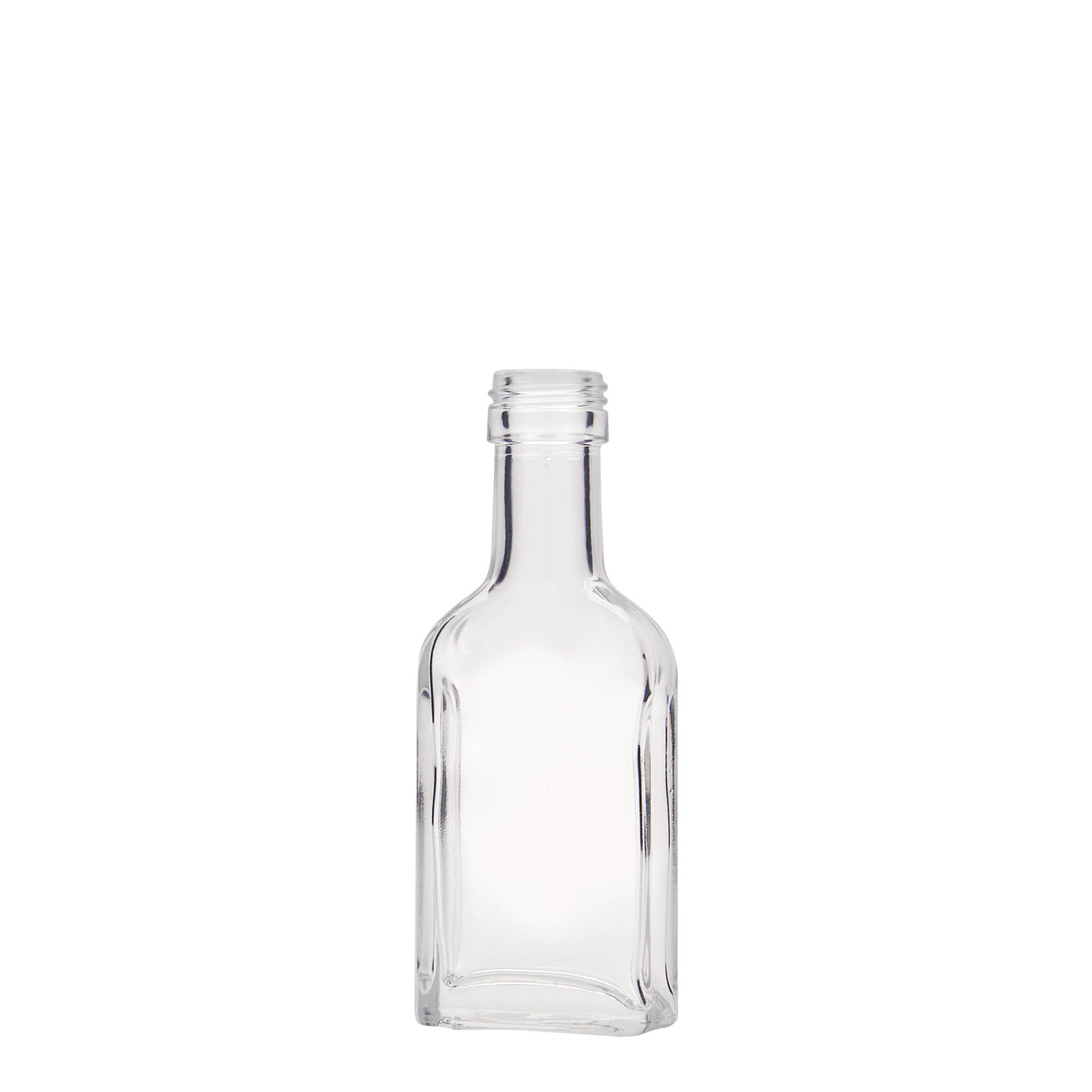 40 ml zsebflakon hosszú nyakkal, téglalap alakú, üveg, nyílás: PP 22