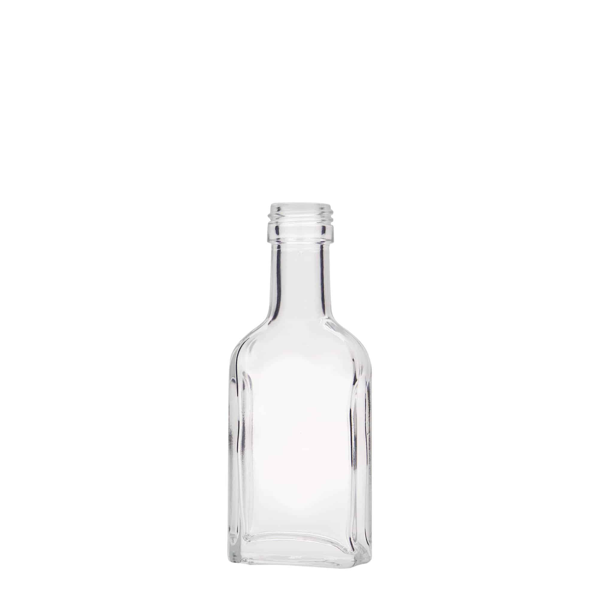 40 ml zsebflakon hosszú nyakkal, téglalap alakú, üveg, nyílás: PP 22