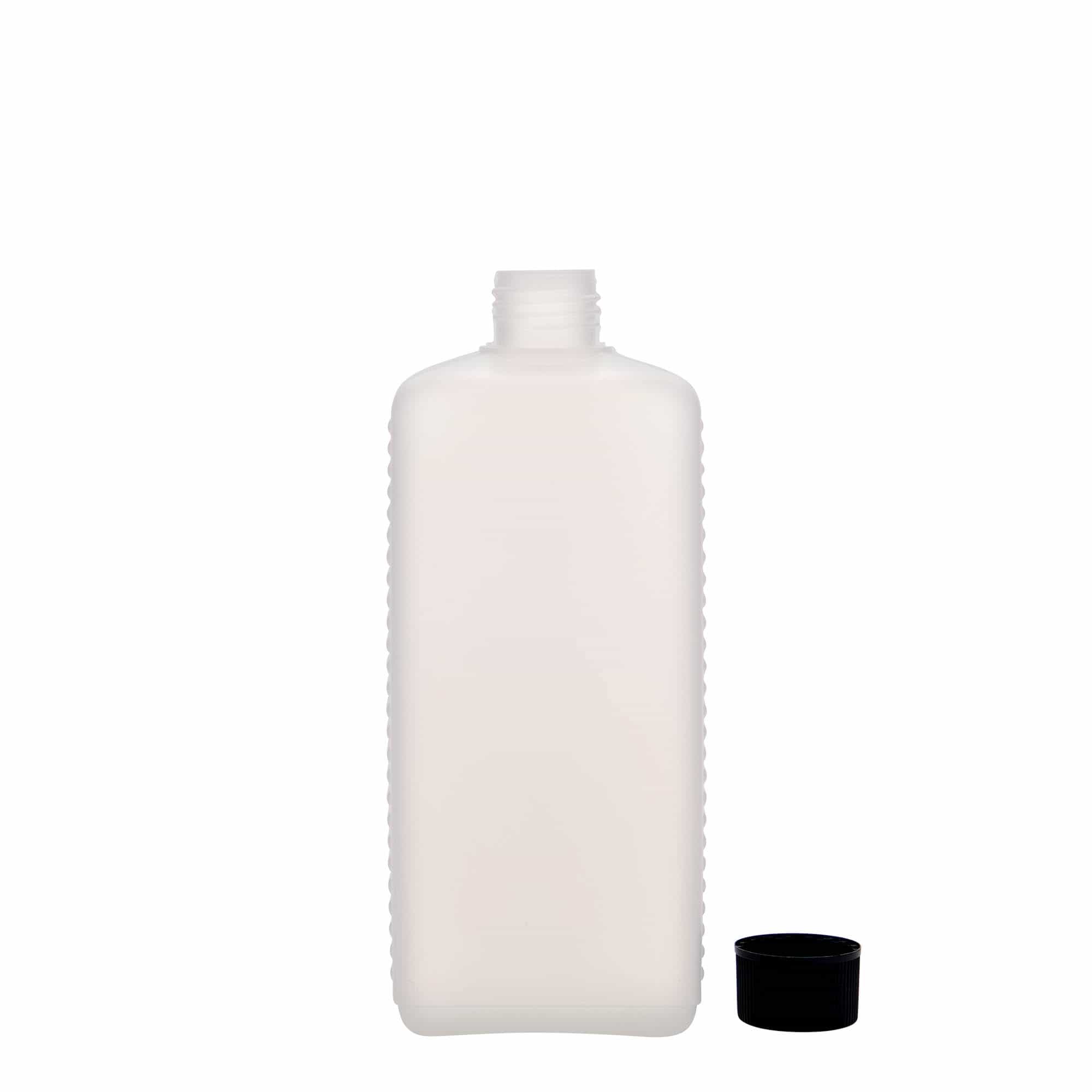 500 ml kannás palack, téglalap alakú, HDPE műanyag, natúr, nyílás: DIN 25 EPE
