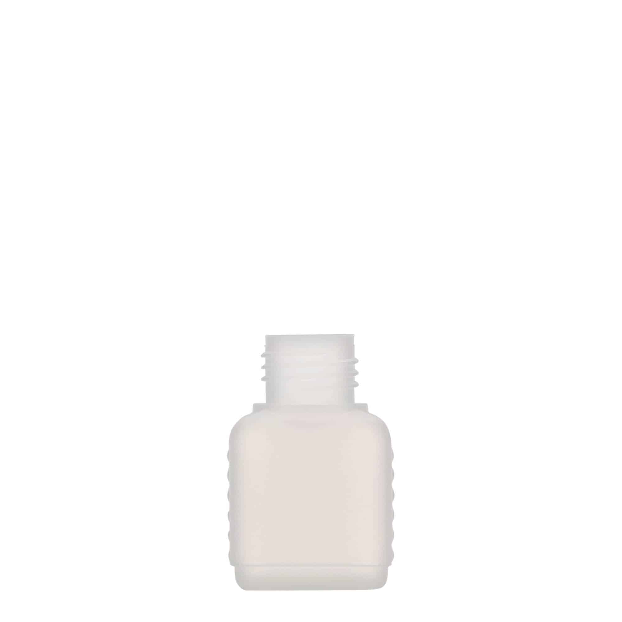 50 ml-es kaniszterpalack, négyszögletű, HDPE-műanyag, natúr, szájnyílás: DIN 25 50 ml-es kaniszterpalack, négyszögletű, HDPE-műanyag, natúr, szájnyílás: DIN 25