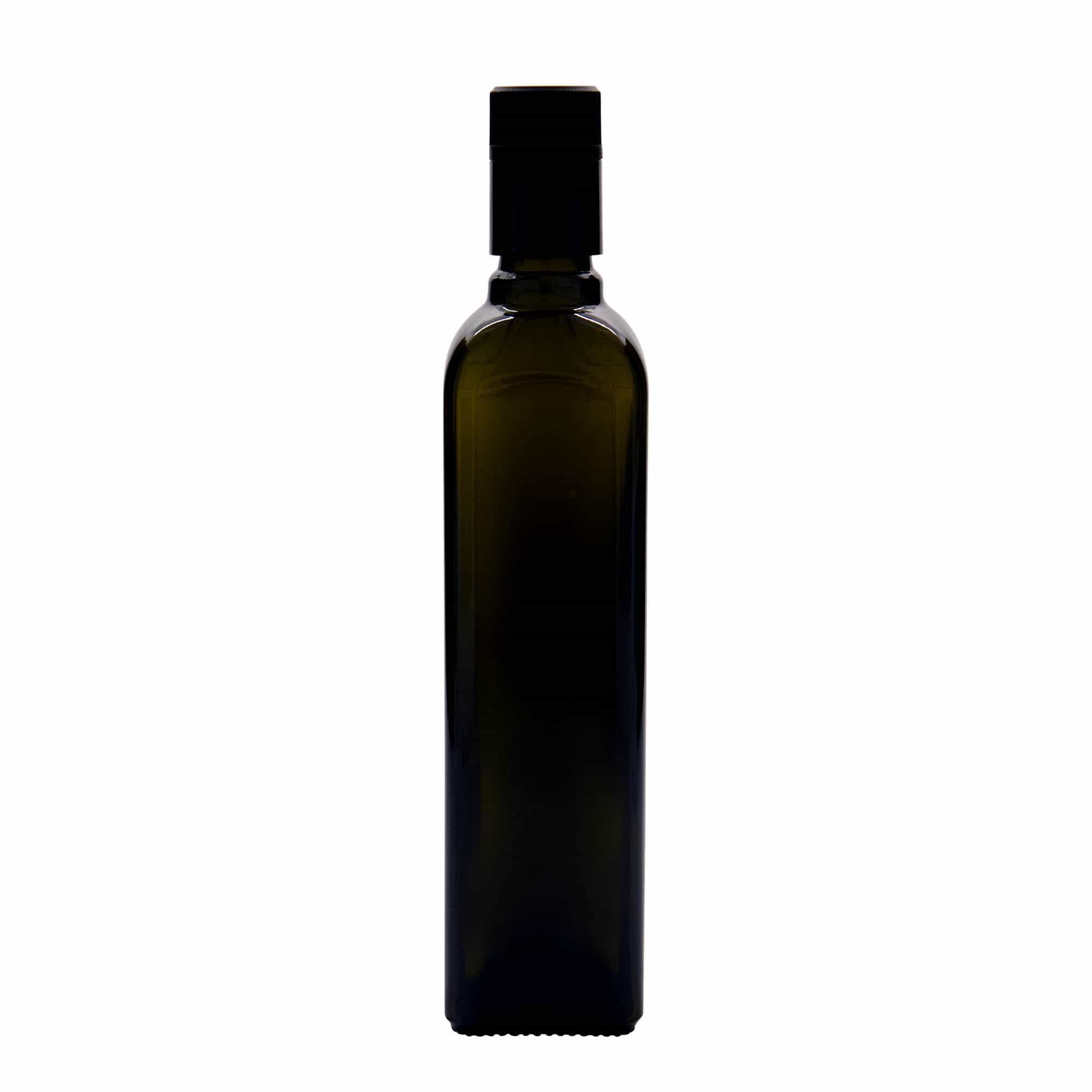 500 ml-es ecetes/olajos palack 'Quadra', üveg, négyzet alakú, antikzöld, szájnyílás: DOP