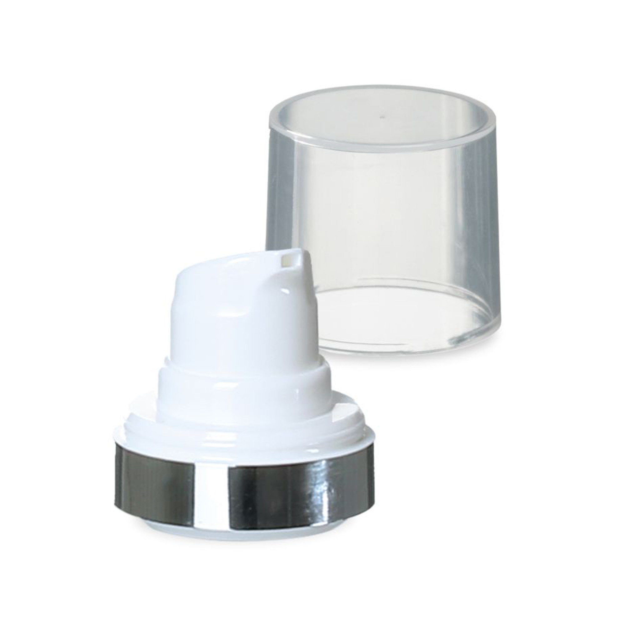 Airless fej Micro ezüst szegéllyel + természetes színű, fényes dugókupak Airless fej Micro ezüst szegéllyel + természetes színű, fényes dugókupak