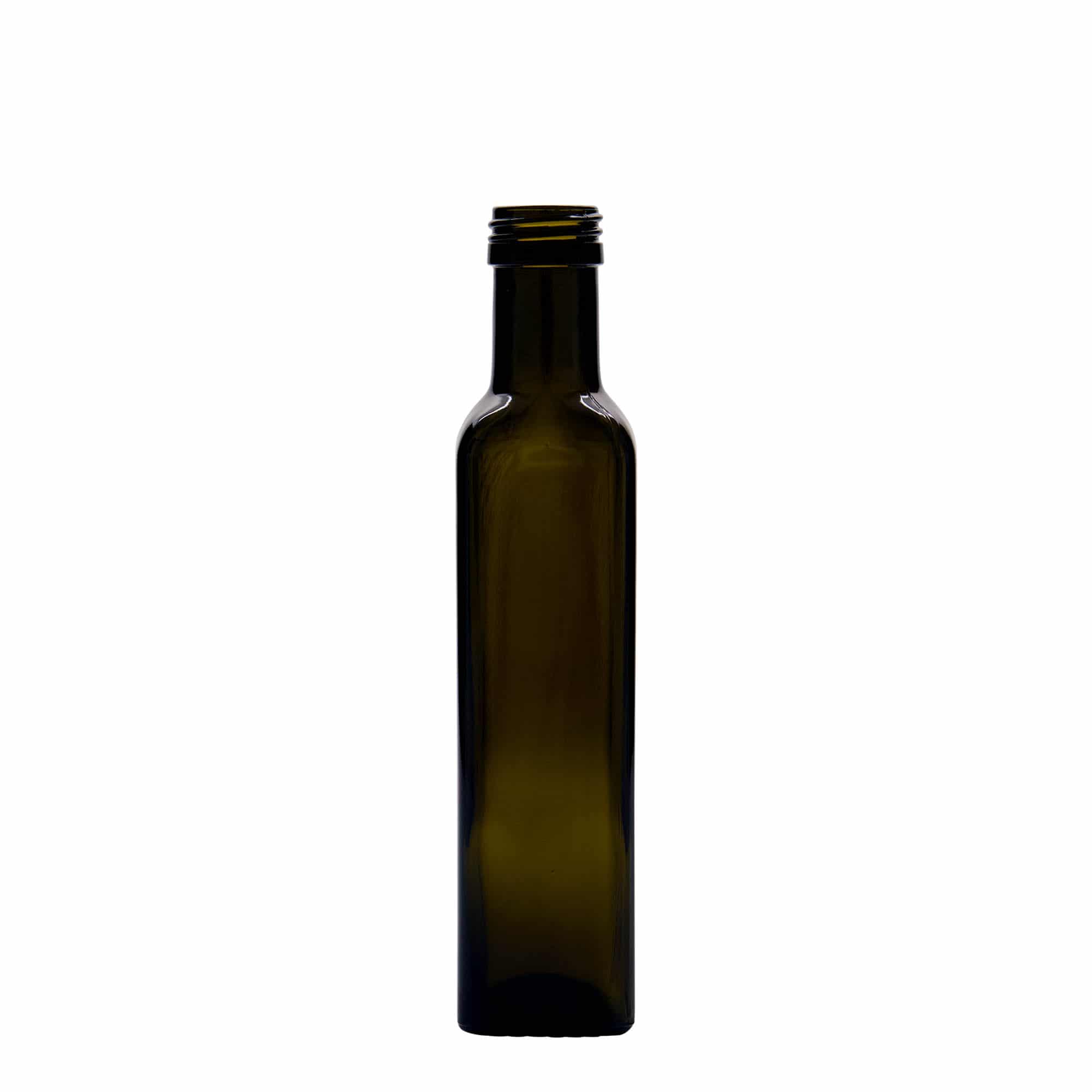 250 ml üvegpalack 'Marasca', négyzet alakú, antikzöld, nyílás: PP 31,5