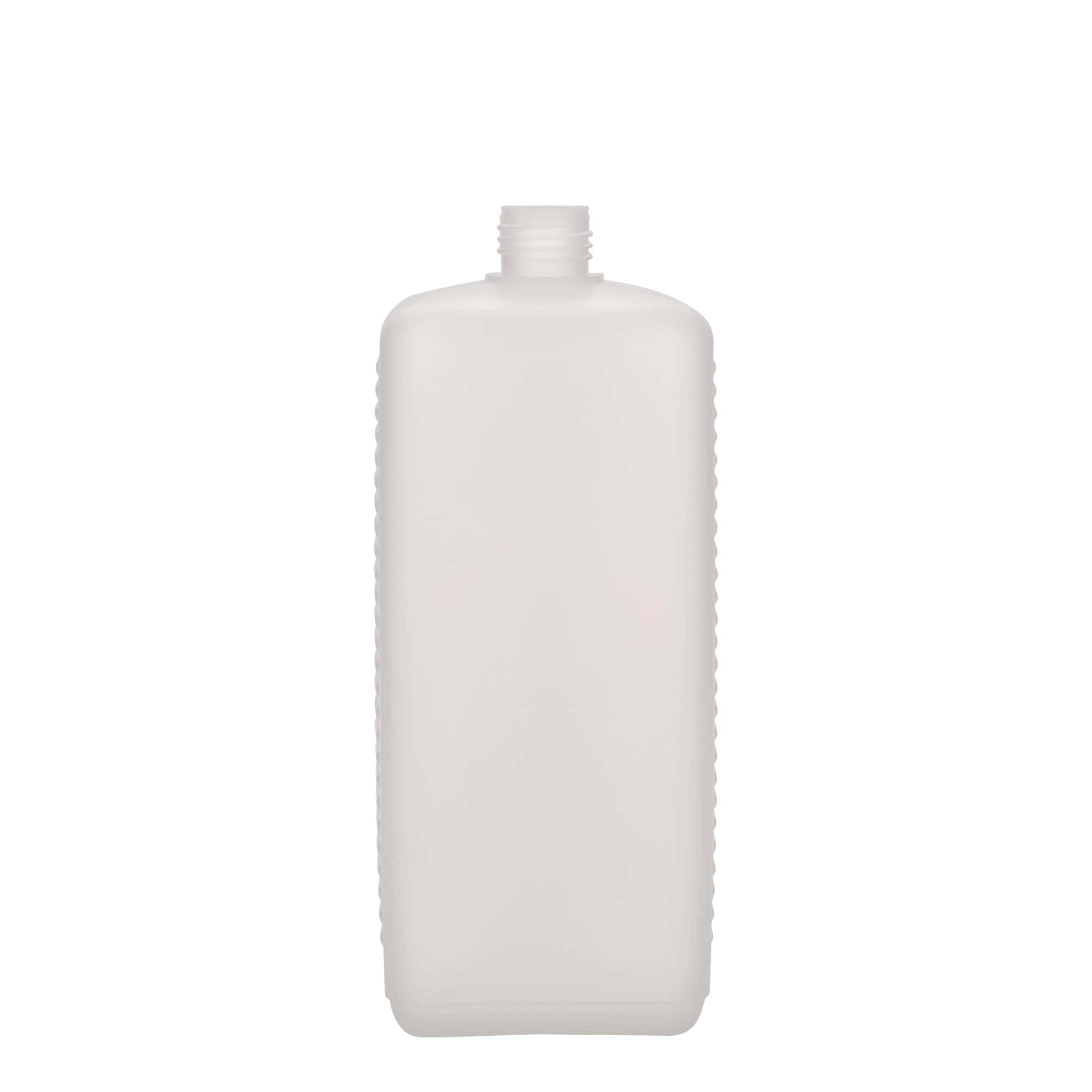1.000 ml kannás palack, téglalap alakú, HDPE műanyag, természetes, nyílás: DIN 25 EPE
