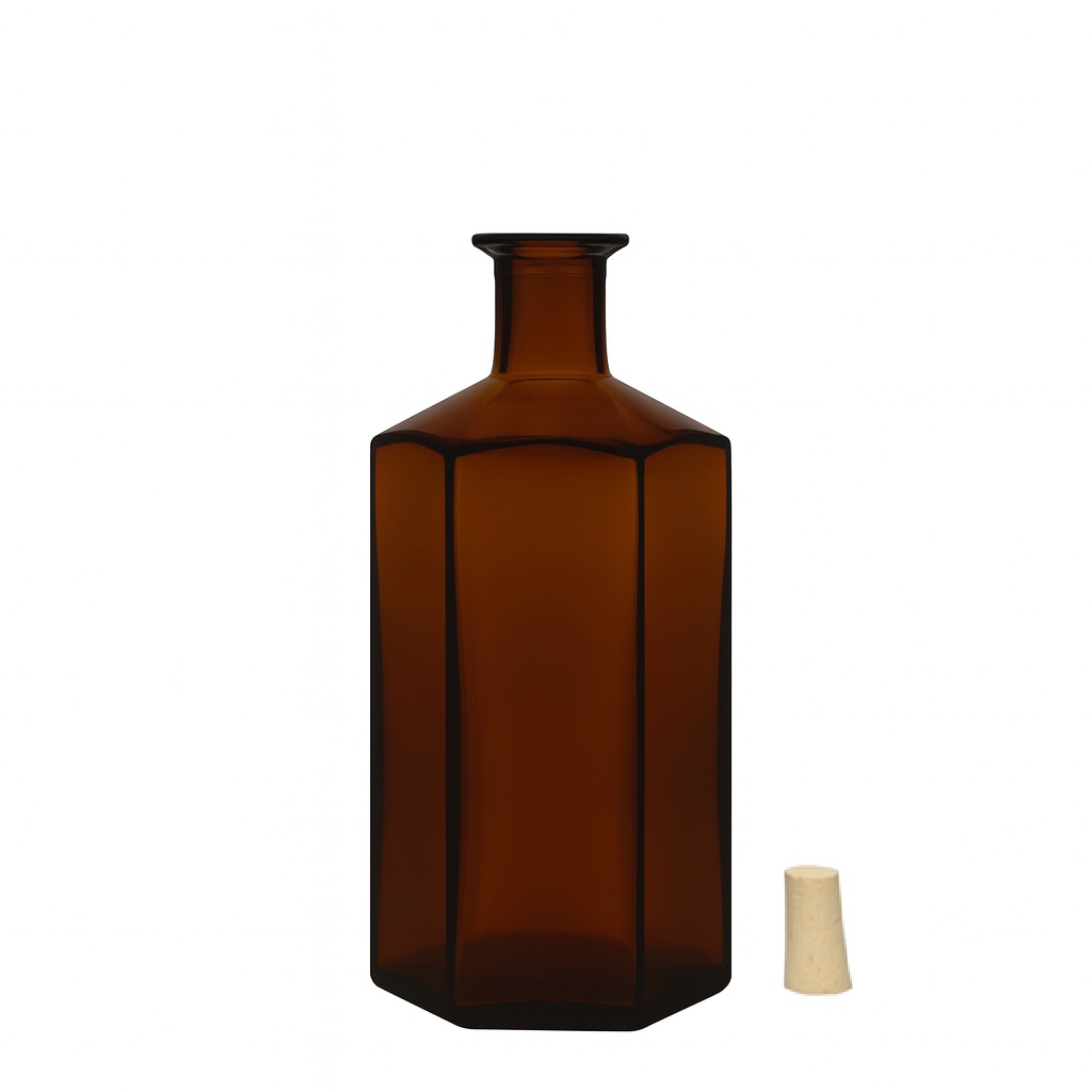 500 ml üveges gyógyszerészüveg 'Jimmy', hatszögletű, barna, nyílás: parafa