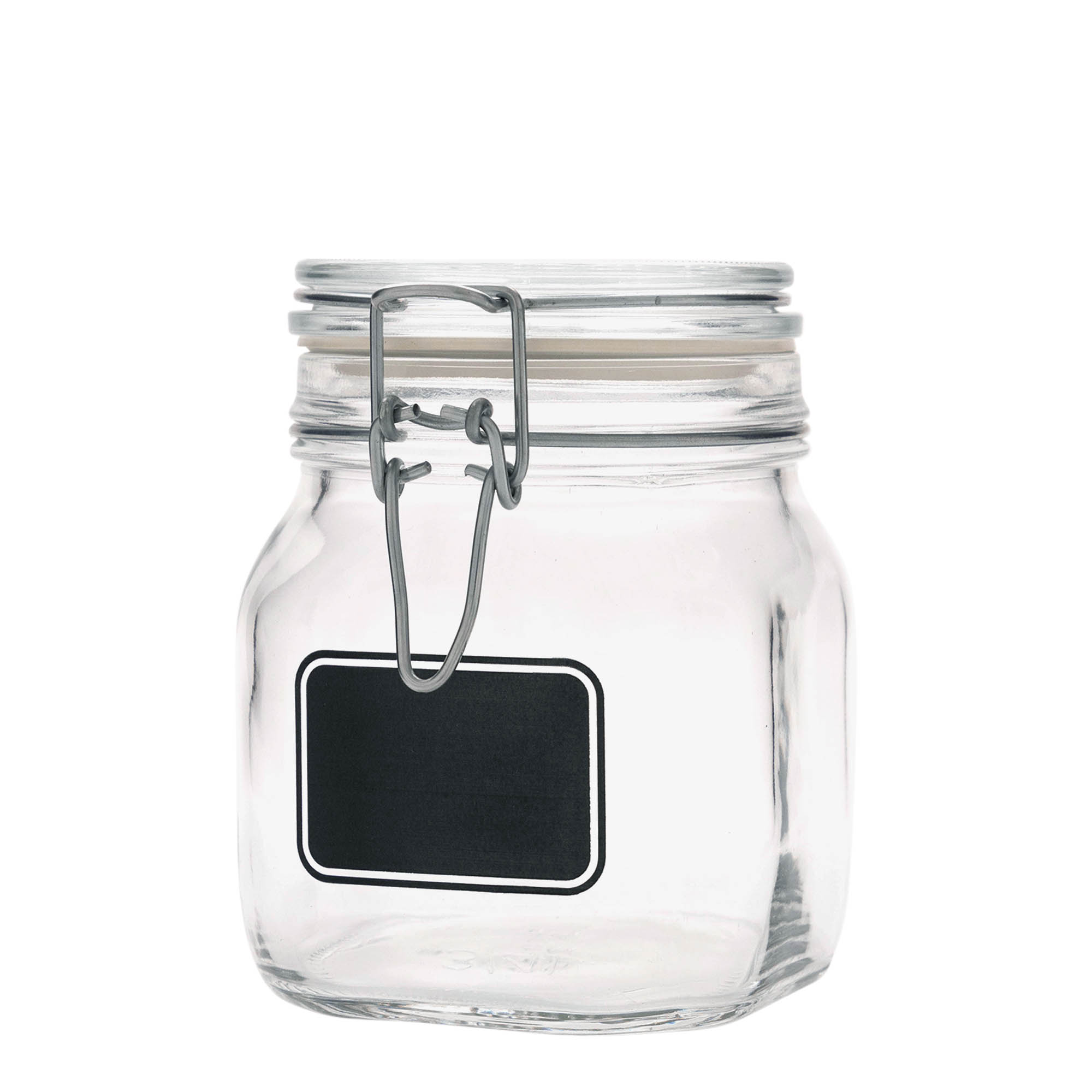 750 ml-es fémcsatos üveg 'Fido', motívum: Címkemező, négyzet alakú, szájnyílás: fémcsatos zár