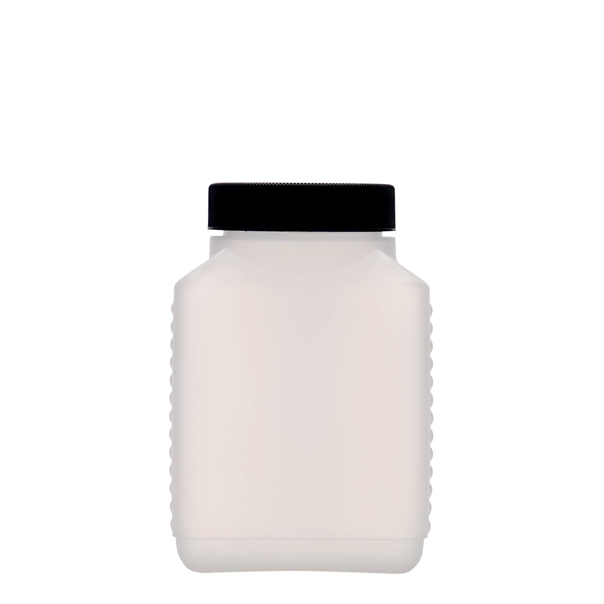 500 ml széles nyakú palack, téglalap alakú, HDPE műanyag, természetes, nyílás: DIN 60 EPE