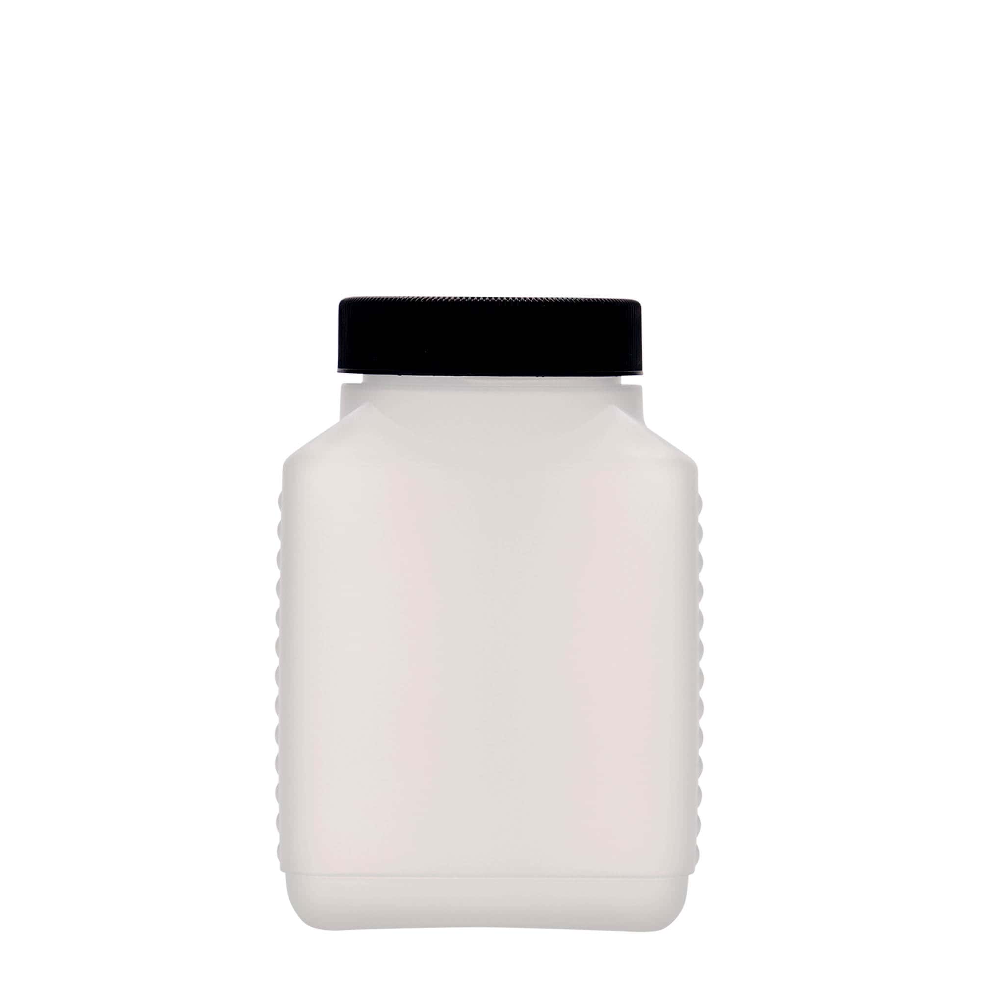 500 ml széles nyakú palack, téglalap alakú, HDPE műanyag, természetes, nyílás: DIN 60 EPE