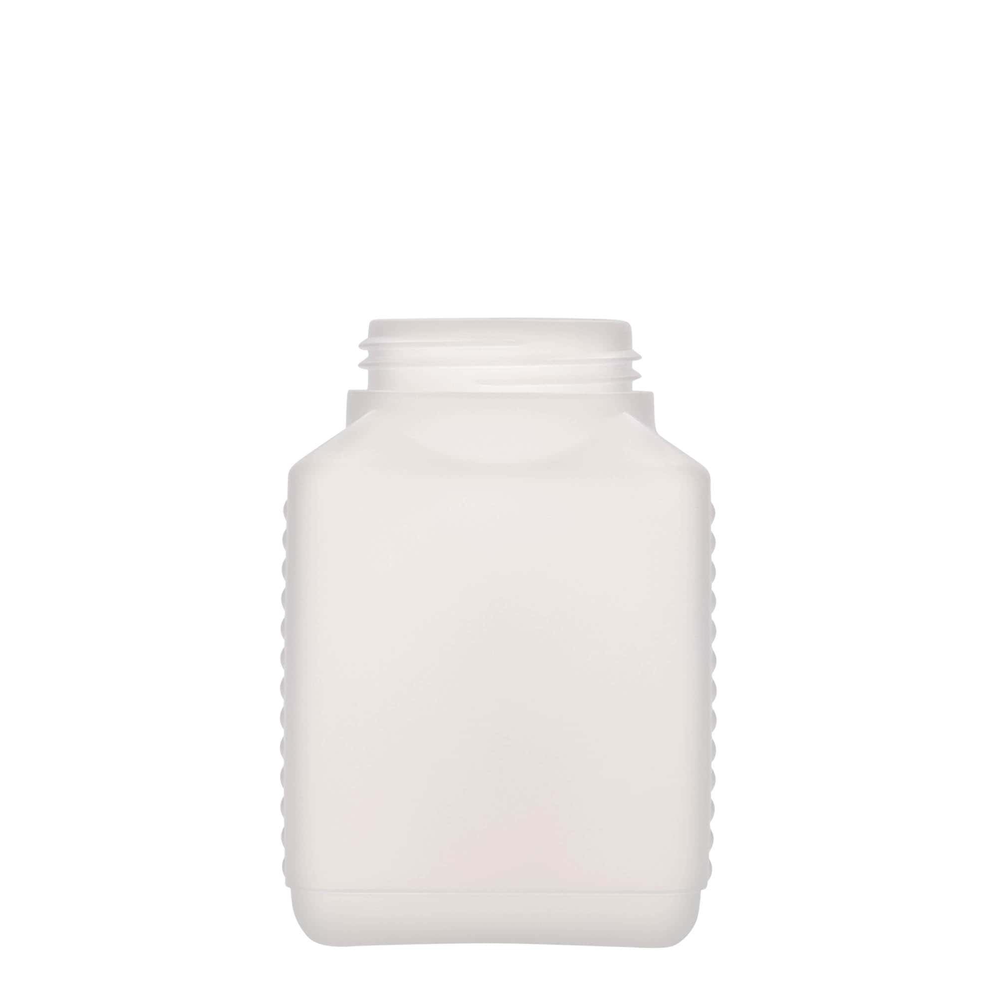 500 ml széles nyakú palack, téglalap alakú, HDPE műanyag, természetes, nyílás: DIN 60 EPE