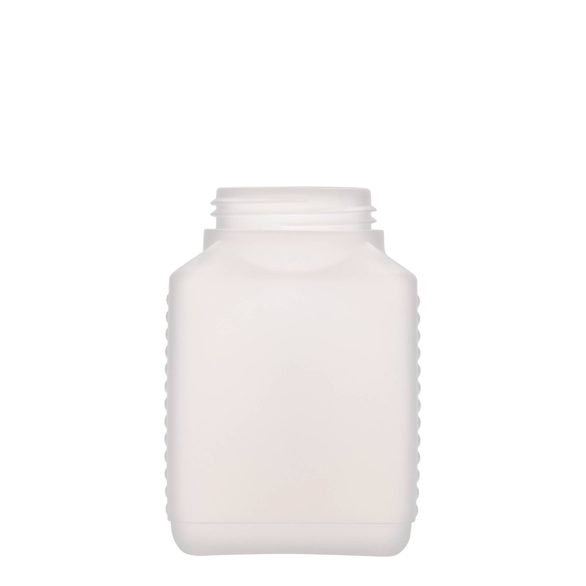 500 ml széles nyakú palack, téglalap alakú, HDPE műanyag, természetes, nyílás: DIN 60 EPE