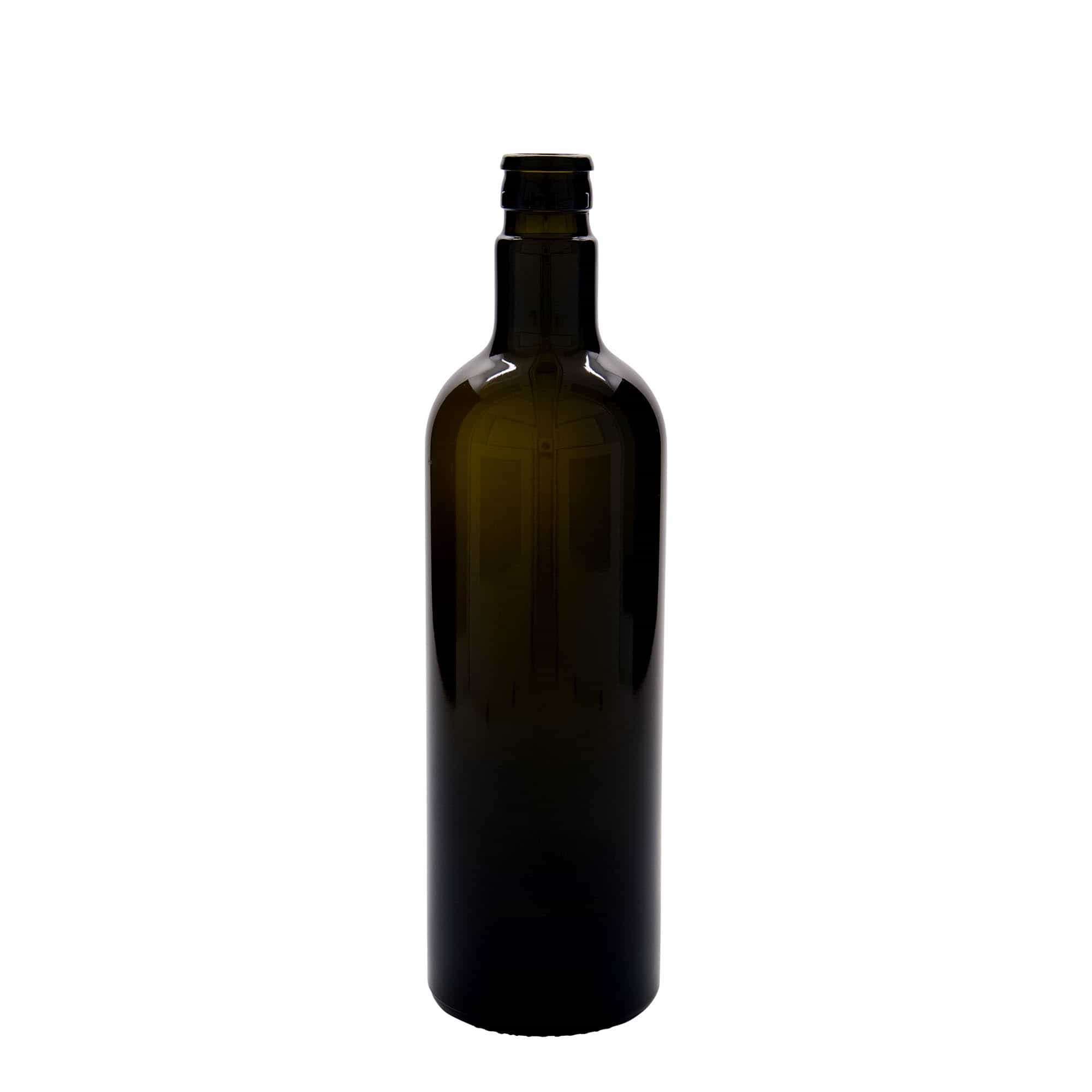 750 ml ecet-/olajüveg 'Willy New', üveg, antikzöld, nyílás: DOP