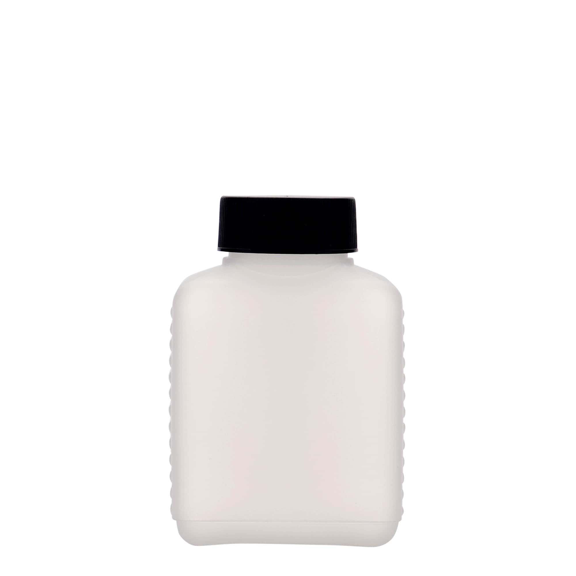 250 ml széles nyakú palack, téglalap alakú, HDPE műanyag, természetes, nyílás: DIN 40 EPE