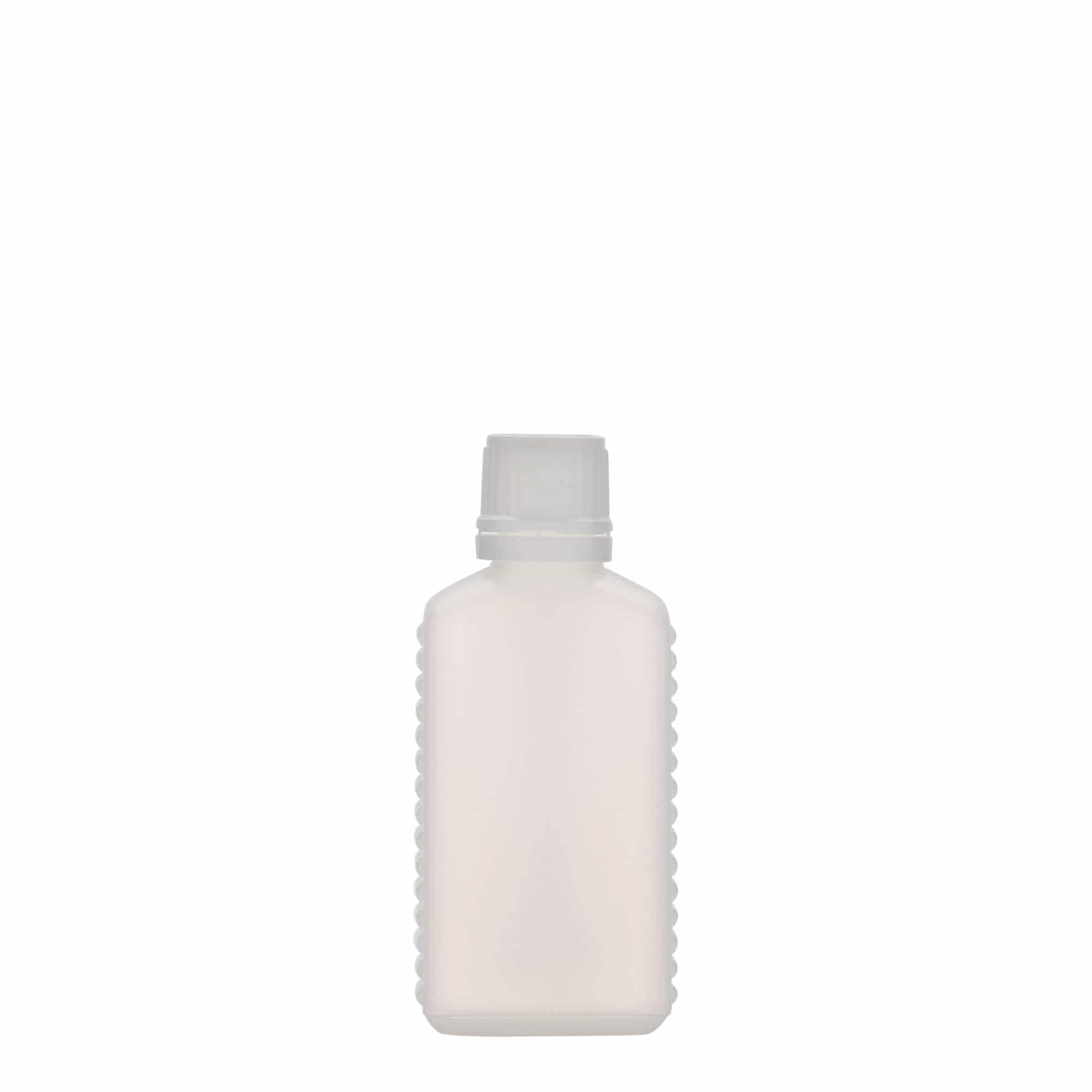 50 ml kannaüveg keskeny nyakkal, téglalap alakú, HDPE műanyag, természetes, nyílás: DIN 18