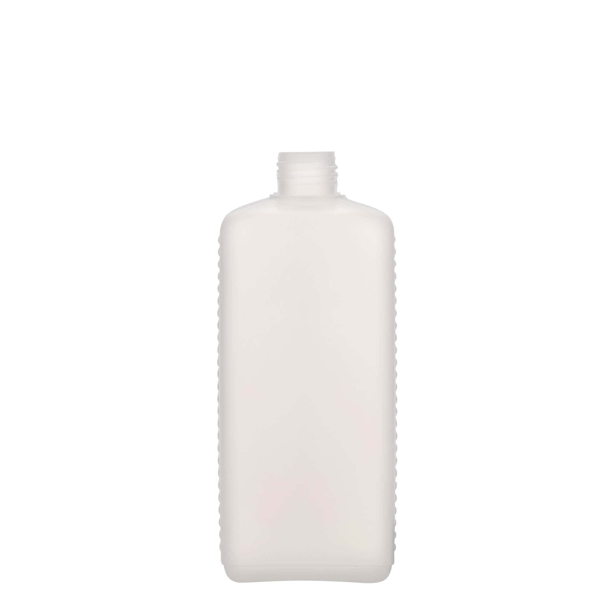 500 ml kannás palack, téglalap alakú, HDPE műanyag, natúr, nyílás: DIN 25 EPE