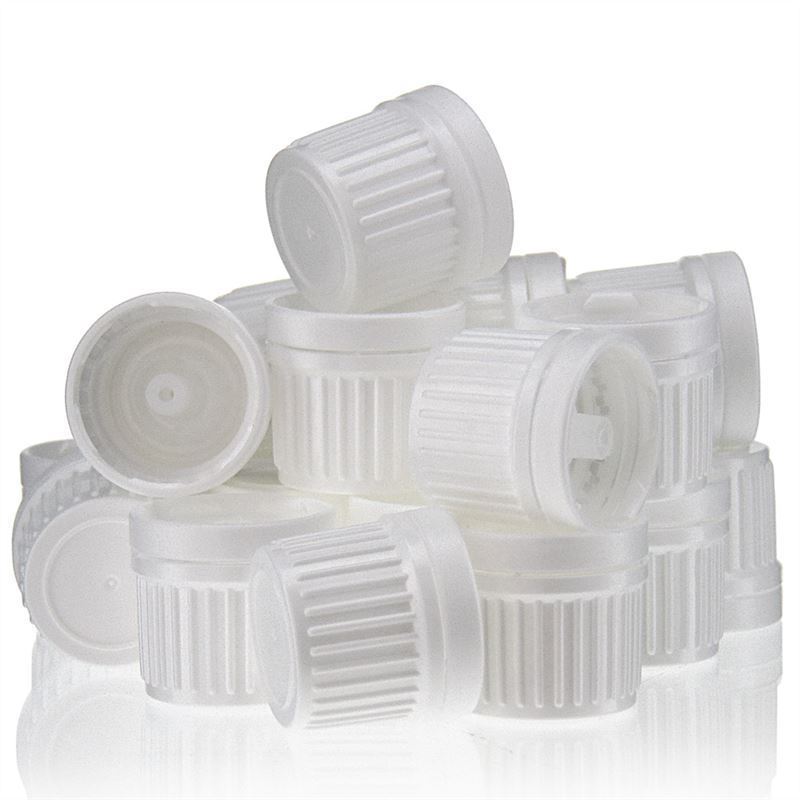 Csavaros kupak cseppentő betéttel, PE-műanyag, fehér, a következő szájnyíláshoz: DIN 18