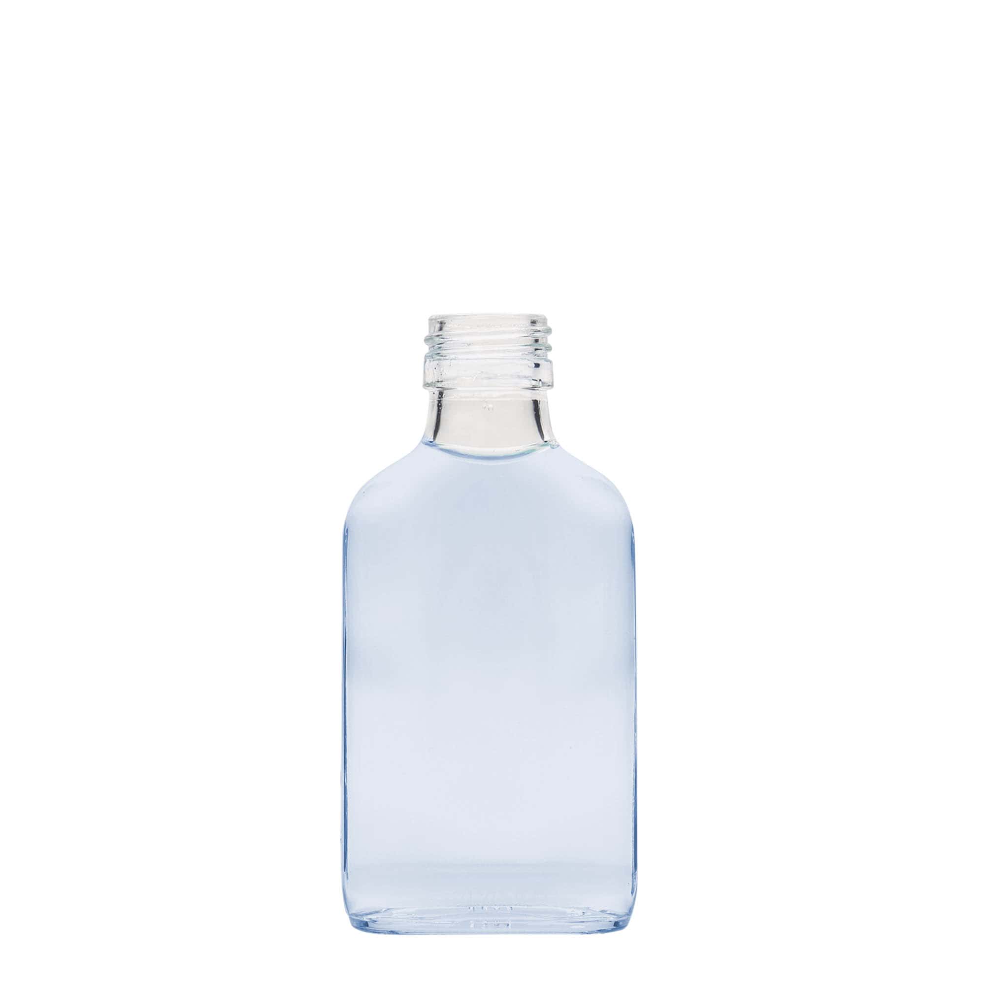 100 ml zsebflakon, téglalap alakú, üveg, nyílás: PP 28
