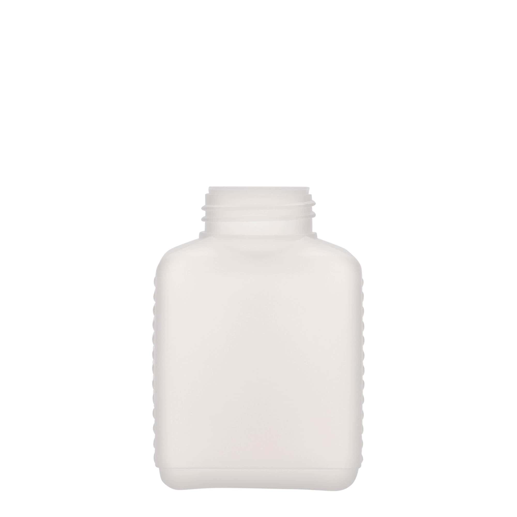 250 ml széles nyakú palack, téglalap alakú, HDPE műanyag, természetes, nyílás: DIN 40 EPE