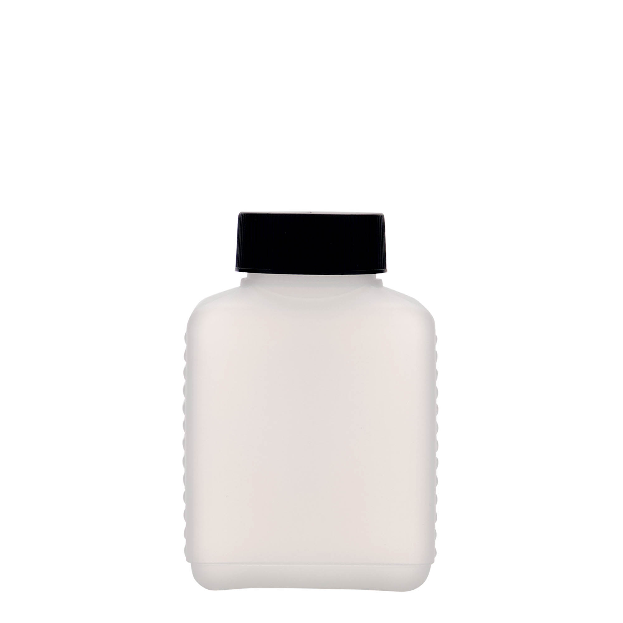 250 ml széles nyakú palack, téglalap alakú, HDPE műanyag, természetes, nyílás: DIN 40 EPE