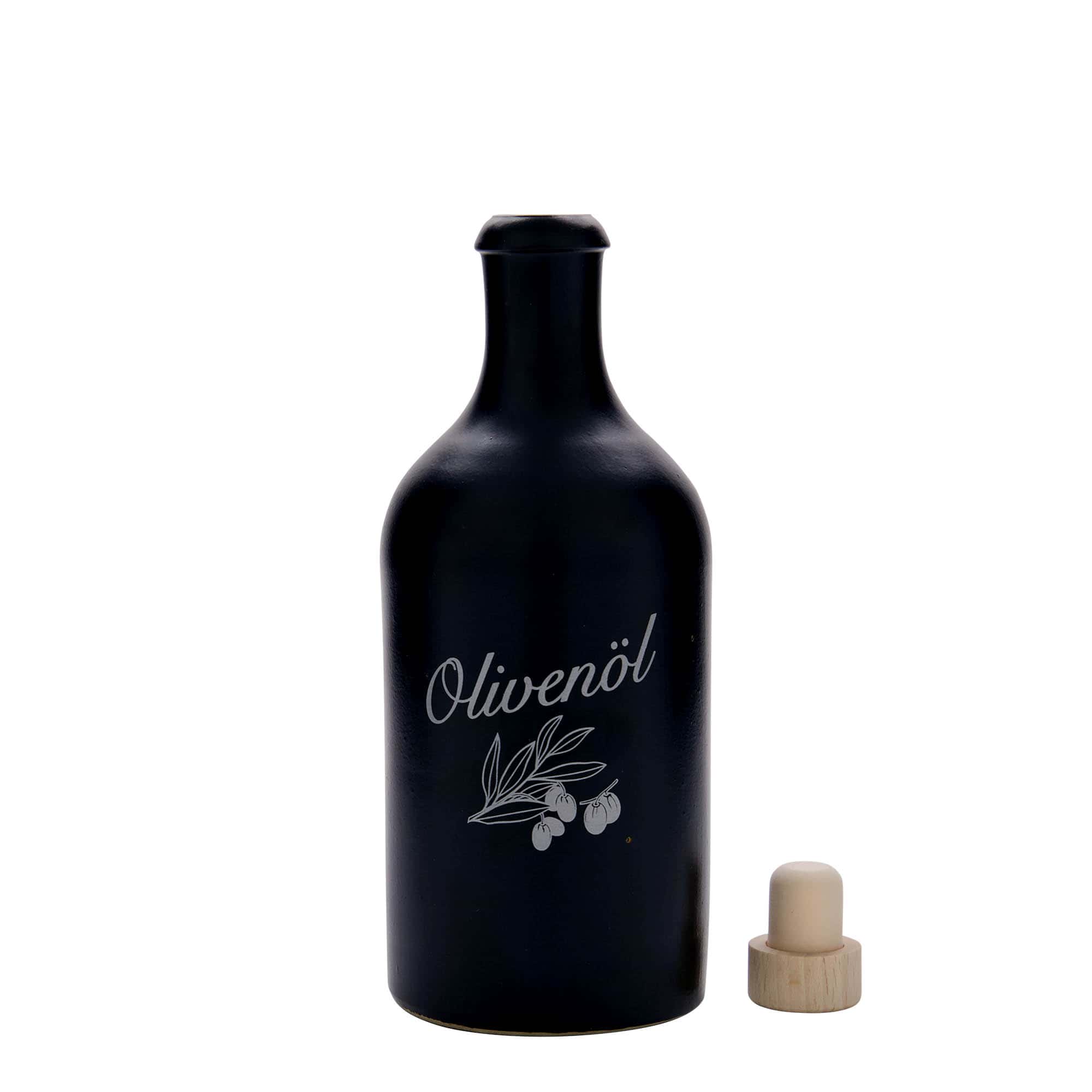 500 ml agyagedény, motívum: olívaolaj, kőedény, fekete, nyílás: parafa