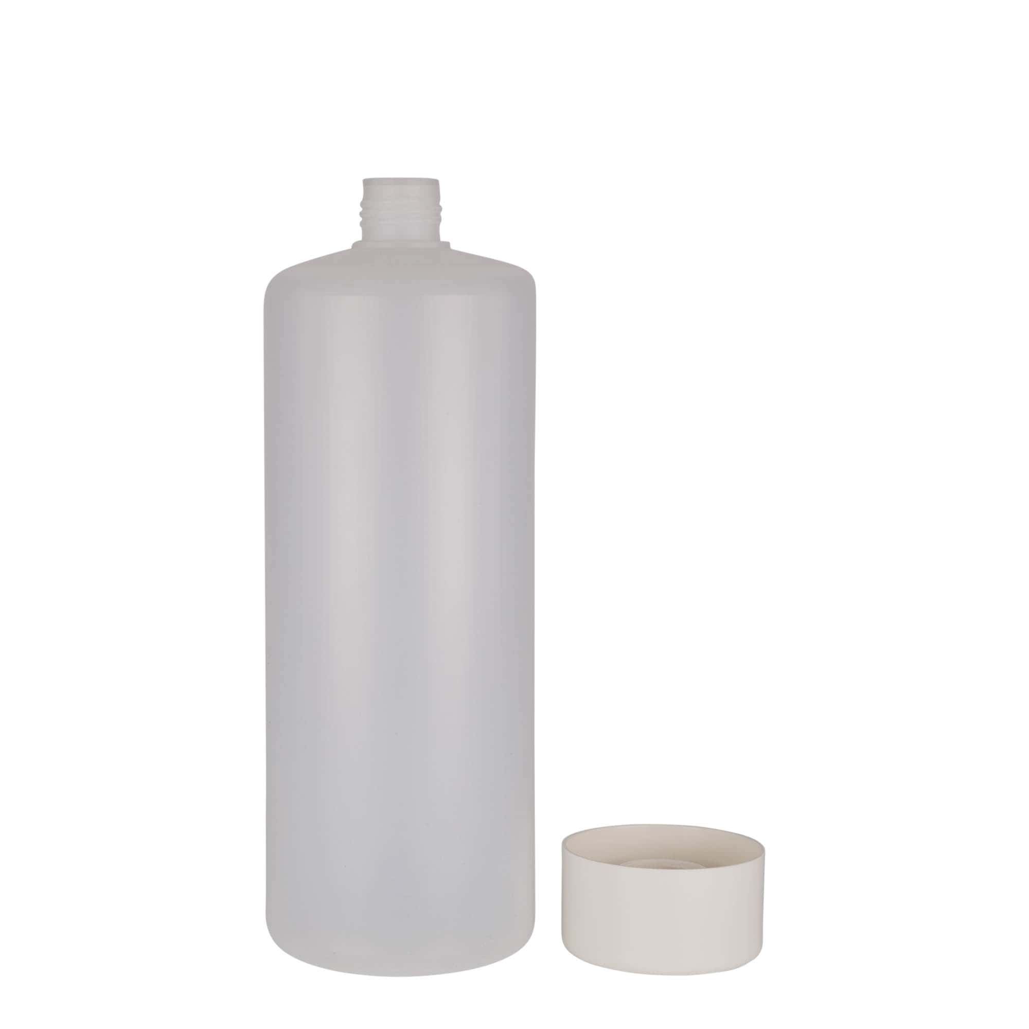 1000 ml-es kerek palack, PE-műanyag, natúr, szájnyílás: csavaros kupak