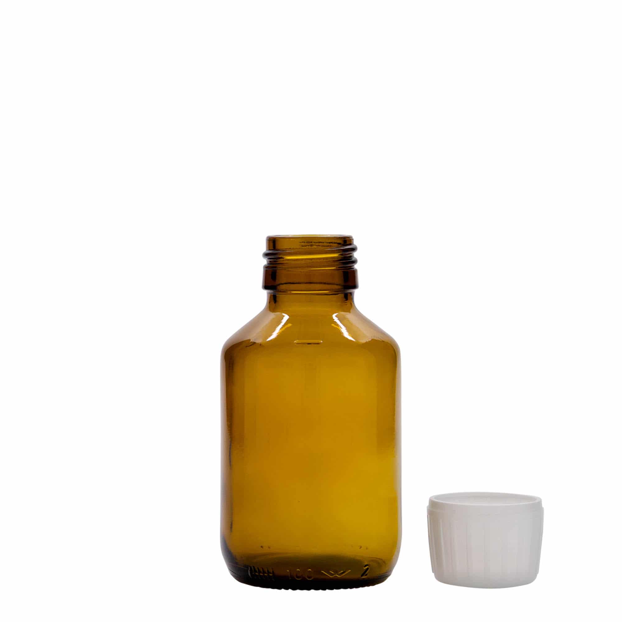 100 ml-es patikai üveg, barna, üveg, szájnyílás: PP 28