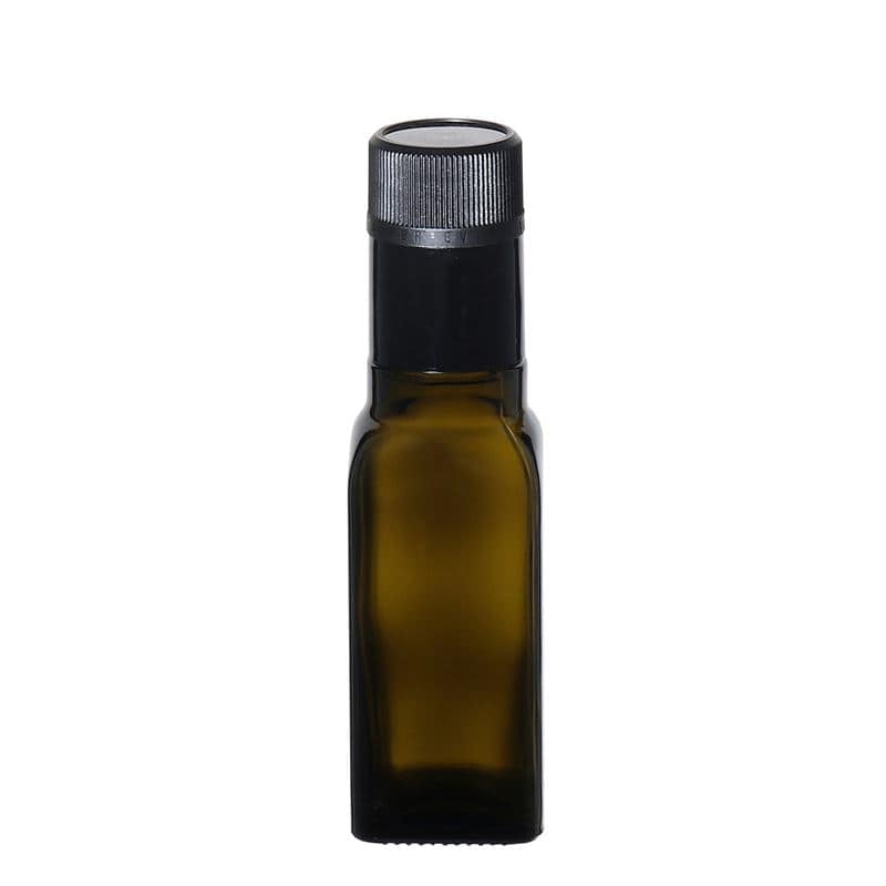 100 ml-es ecetes/olajos palack 'Quadra', üveg, négyzet alakú, antikzöld, szájnyílás: DOP